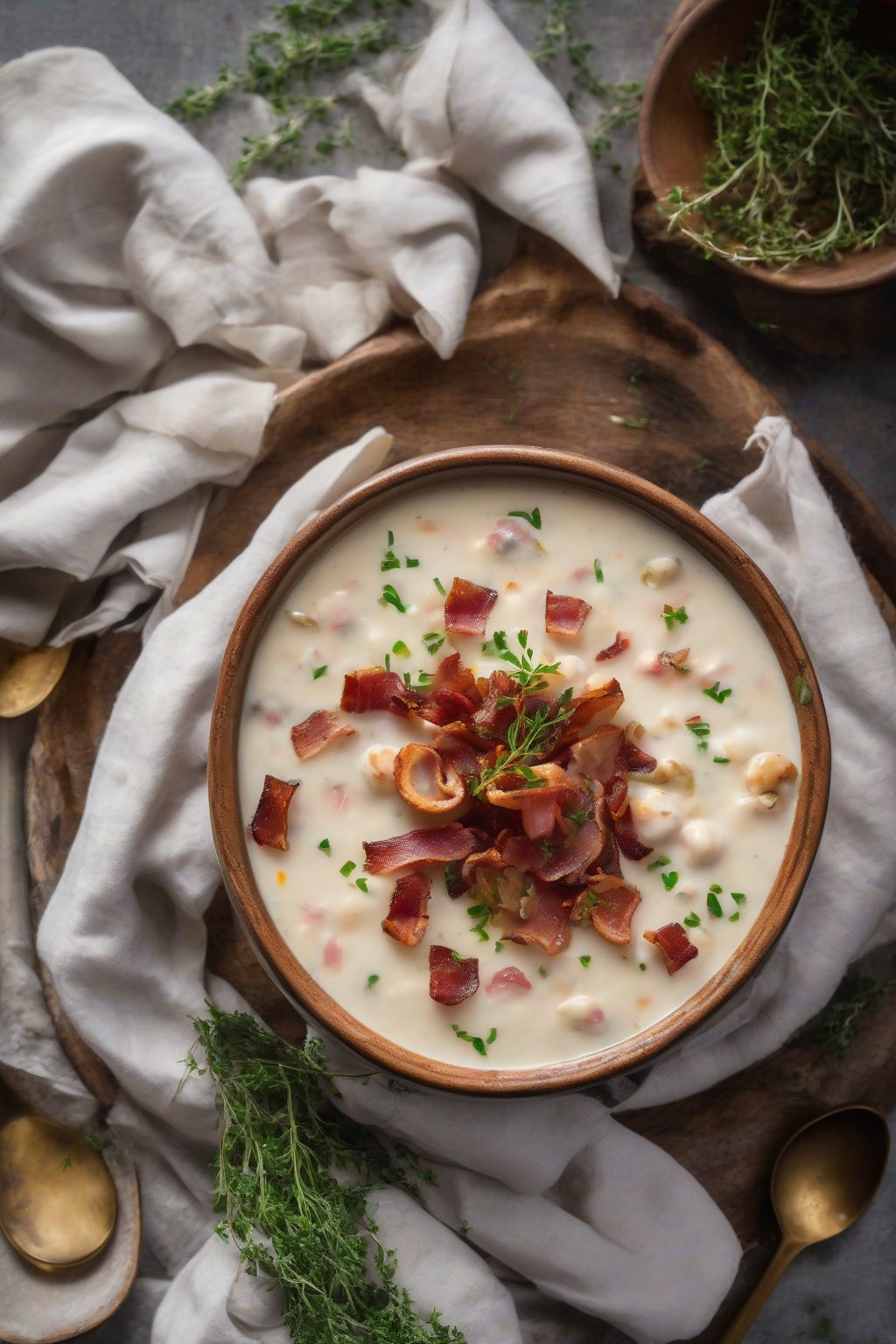 A high-resolution photo of bacon-loaded smoky clam chowder in a rustic bowl, garnished with crispy bacon bits and thyme sprigs, under soft lighting.
