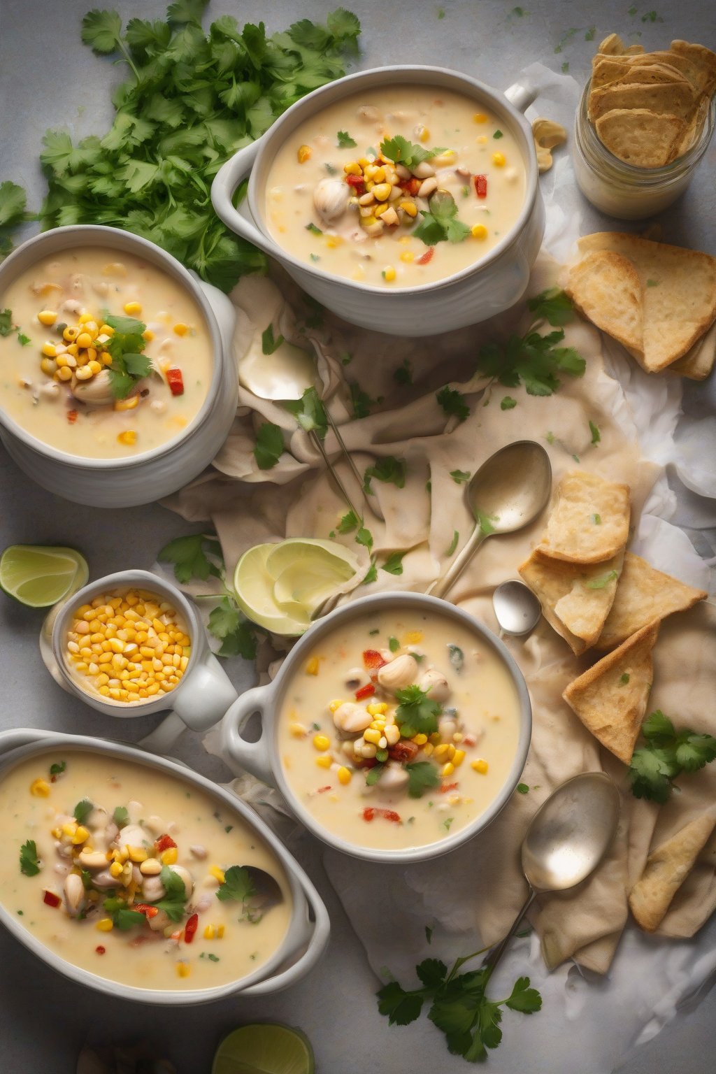 A high-resolution photo of spicy Southwest clam chowder with visible corn and pepper chunks in a vibrant creamy soup, topped with cilantro, under soft lighting.