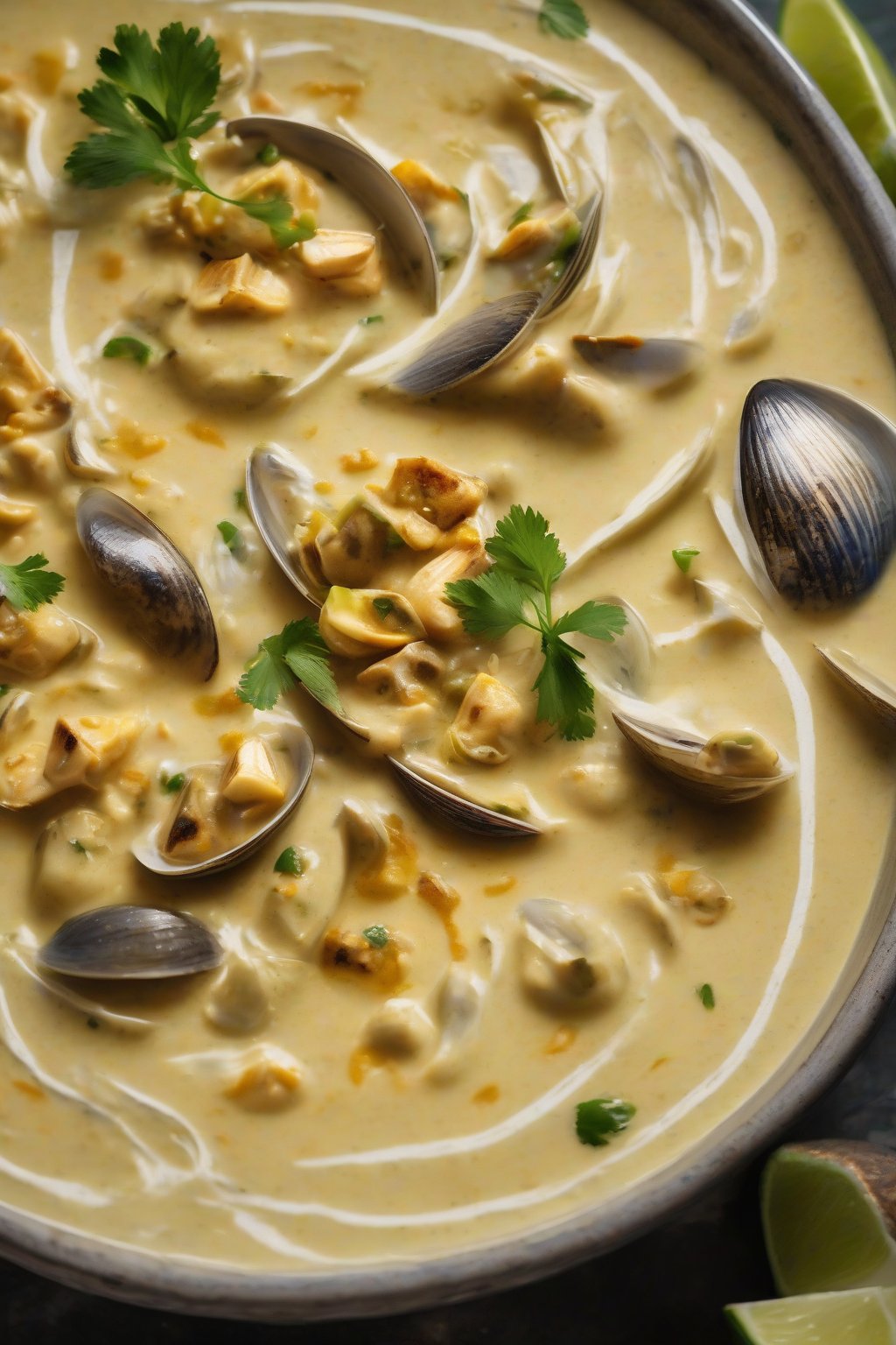A high-resolution photo of coconut curry clam chowder swirling with golden curry hues and clam pieces, lime wedge on side, under soft lighting.