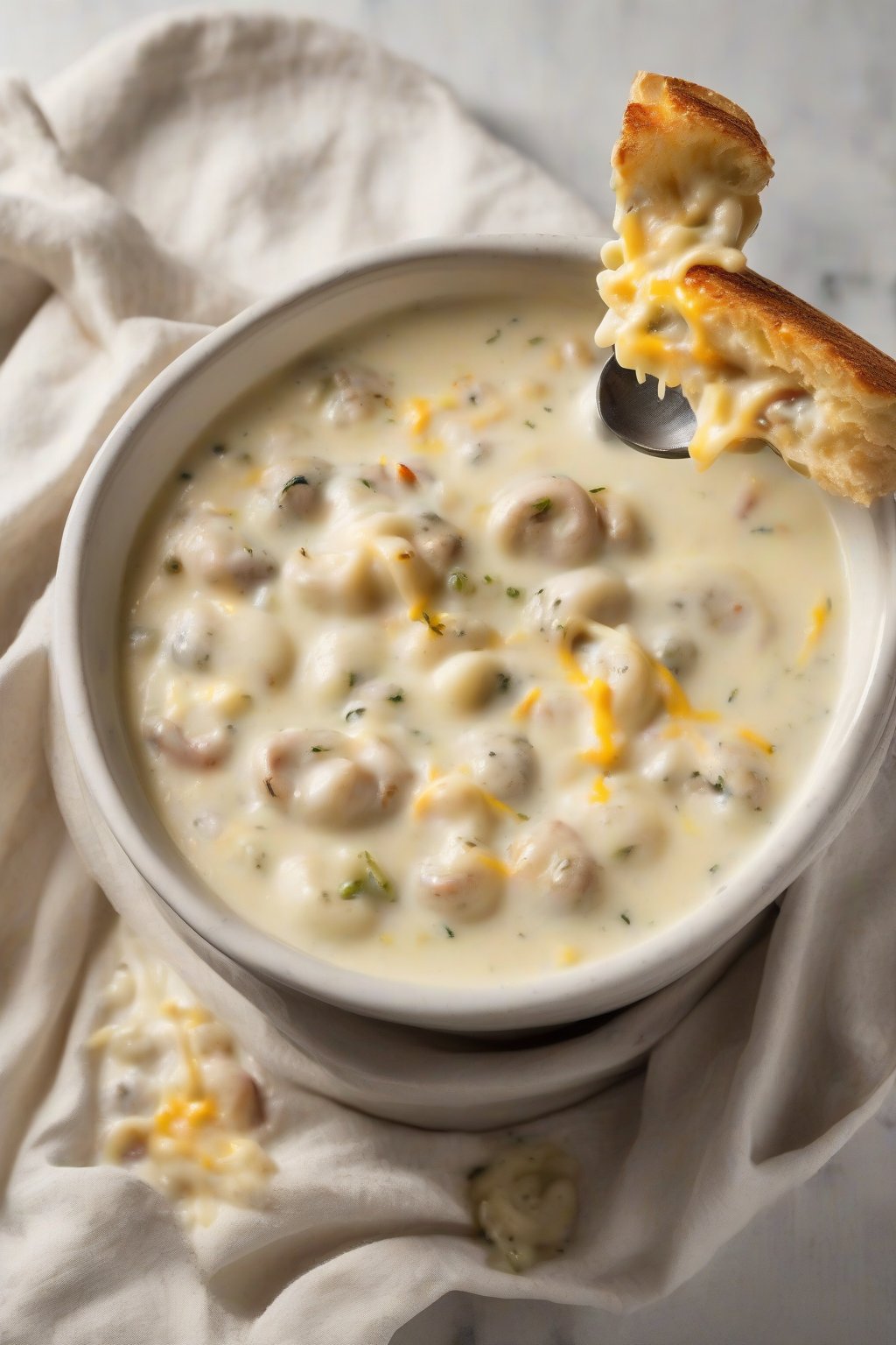 A high-resolution photo of cheesy garlic clam chowder with strings of melted cheddar stretching from spoon, garlic flecks visible, under soft lighting.