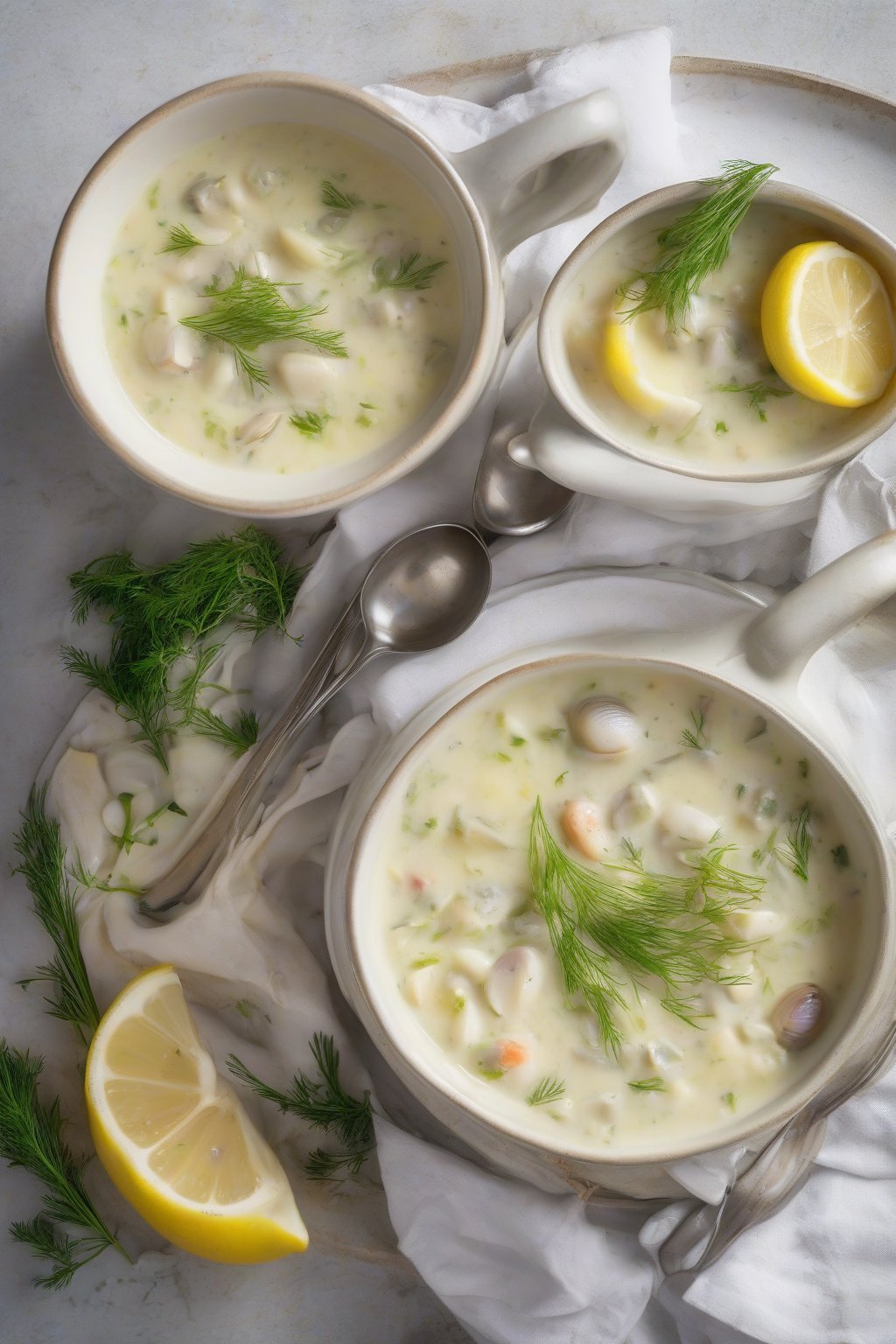 A high-resolution photo of light lemon-herb clam chowder garnished with dill and lemon zest, bright and fresh-looking, under soft lighting.