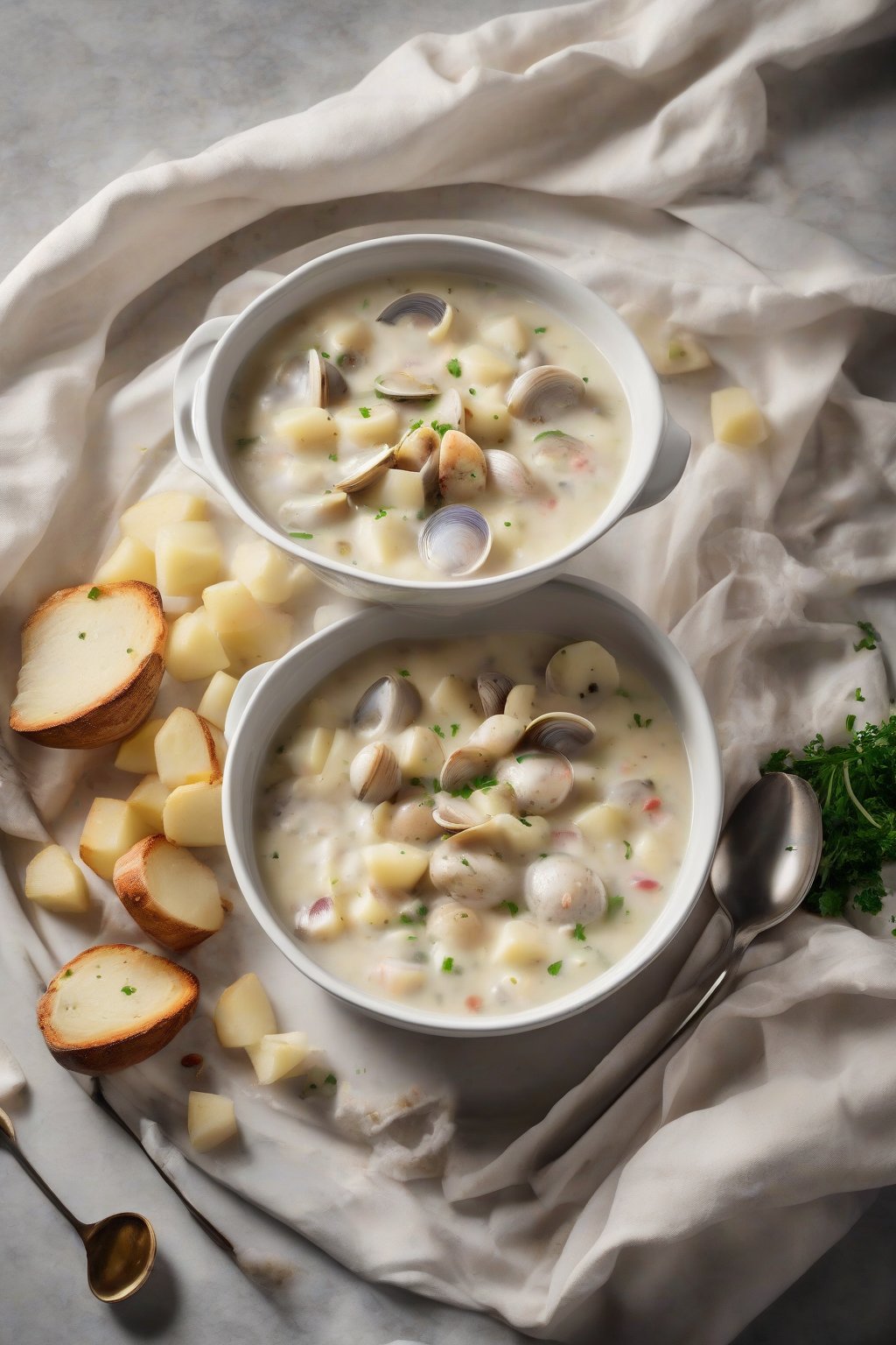 A high-resolution photo of Instant Pot clam chowder in a modern bowl, steam rising with potato chunks, under soft lighting.