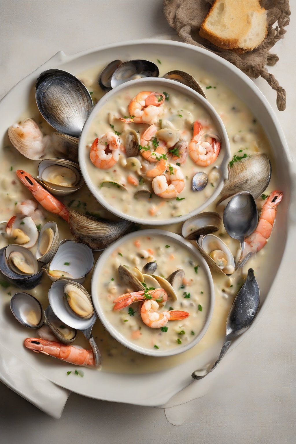 A high-resolution photo of smoked seafood medley chowder brimming with shrimp, salmon flakes, and clams in creamy broth, under soft lighting.