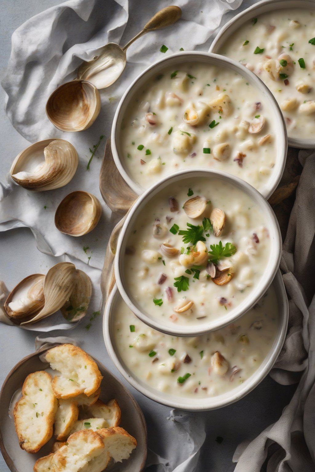 A high-resolution photo of potato-free cauliflower clam chowder, smooth and creamy with clam bits, under soft lighting.