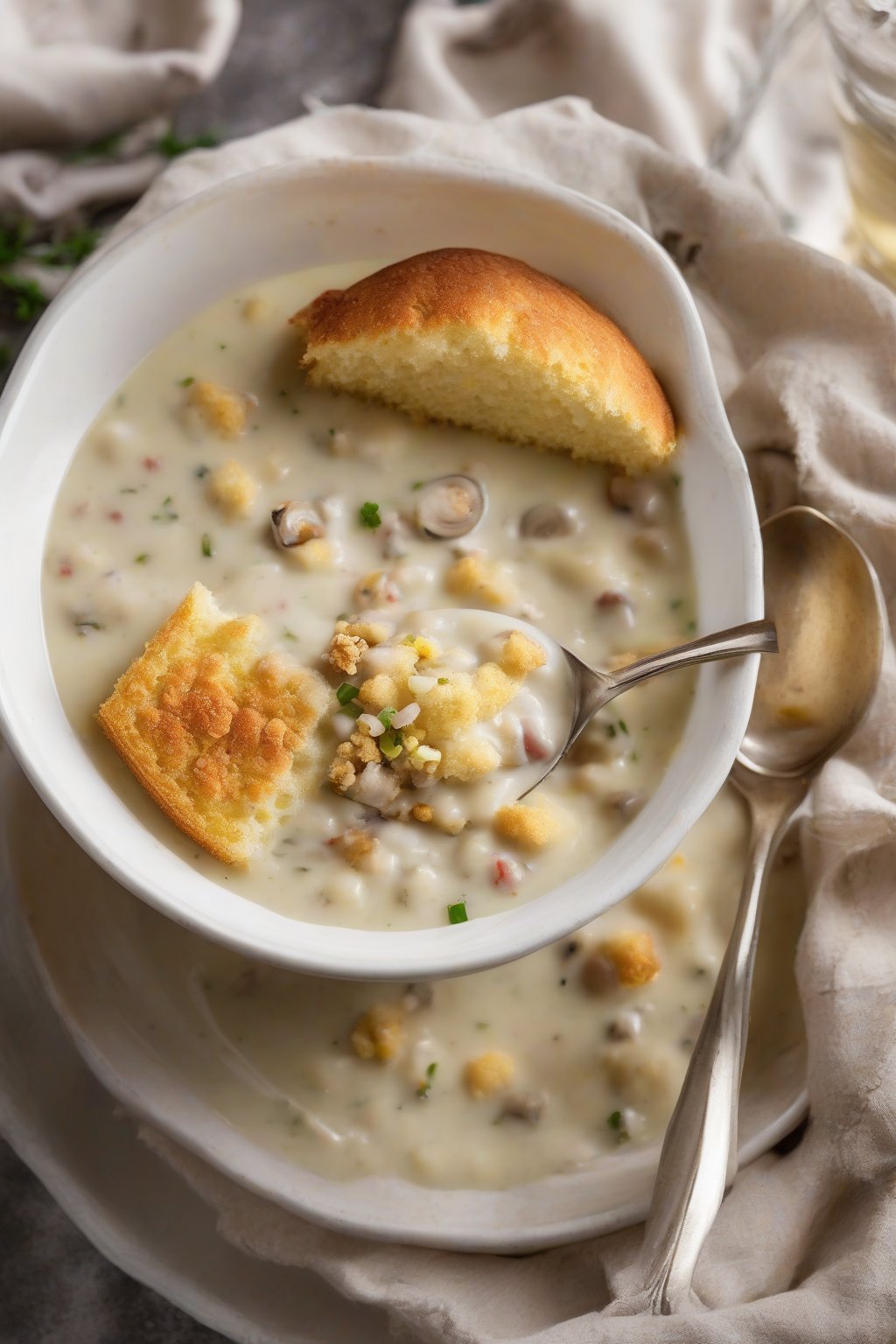A high-resolution photo of gluten-free clam chowder topped with golden cornbread crumbles, spoon breaking through, under soft lighting.