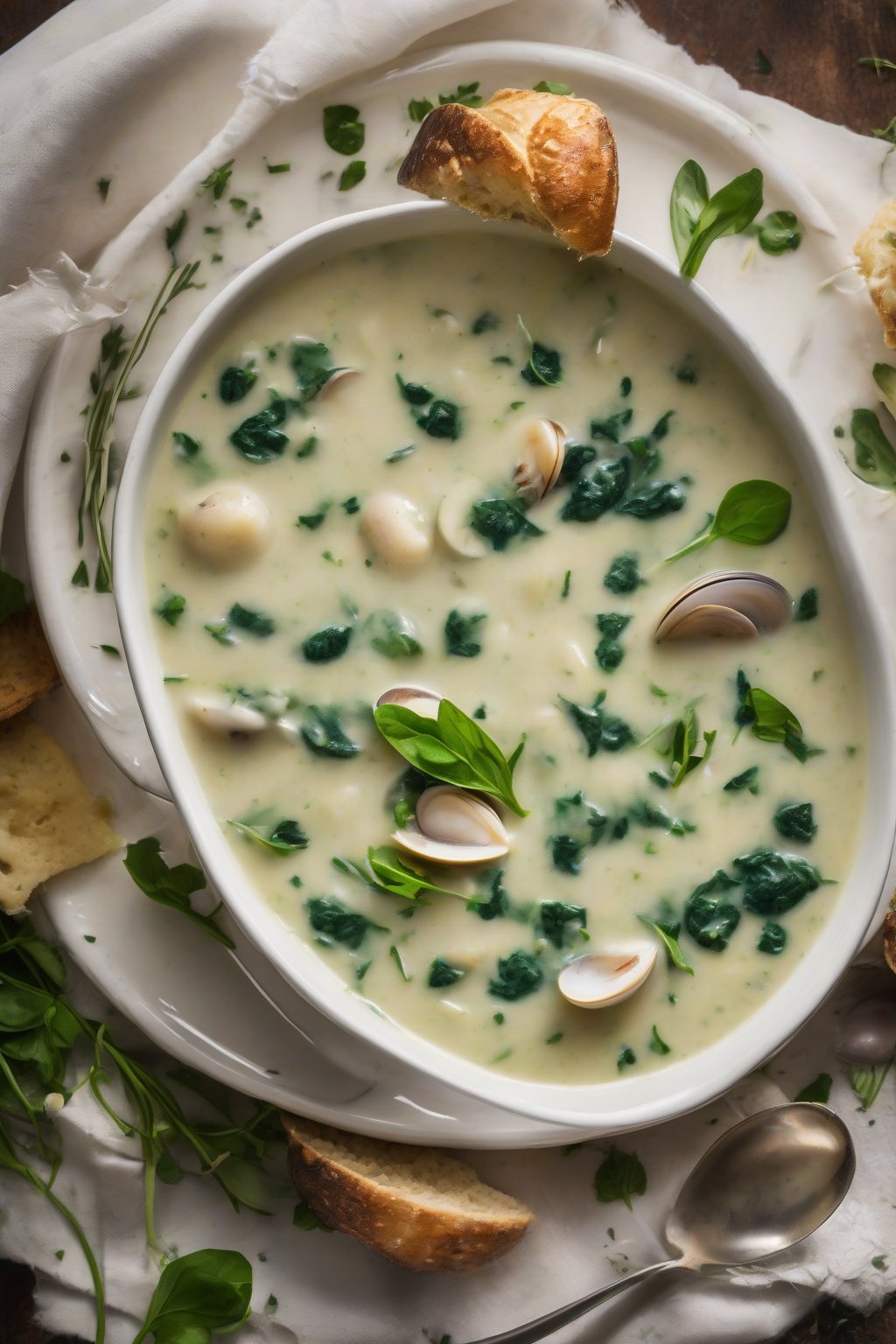 A high-resolution photo of herb-infused garden clam chowder scattered with fresh green herbs and spinach flecks, under soft lighting.