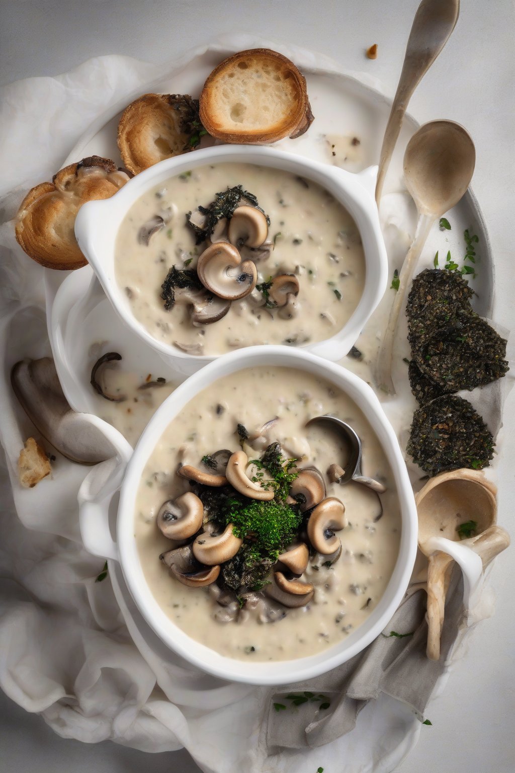 A high-resolution photo of vegan mushroom "clam" chowder with meaty mushroom pieces in thick cream, nori sprinkle, under soft lighting.