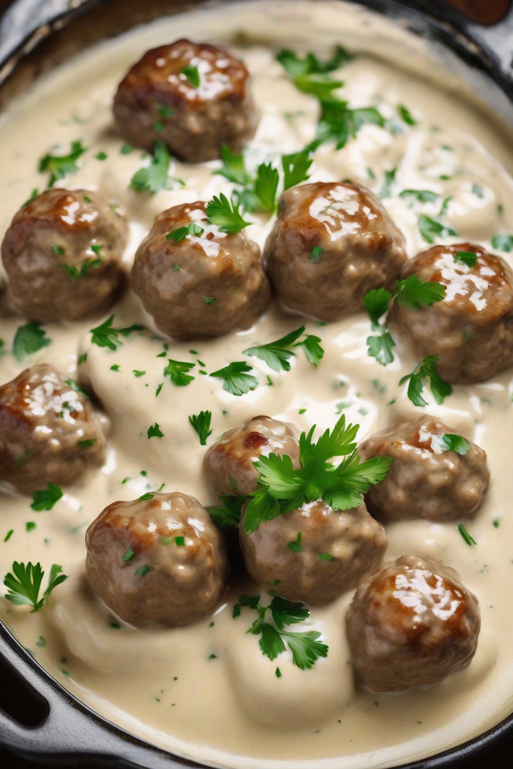 A high-resolution photo of golden-brown classic Swedish meatballs smothered in creamy white sauce, garnished with parsley, under soft lighting.