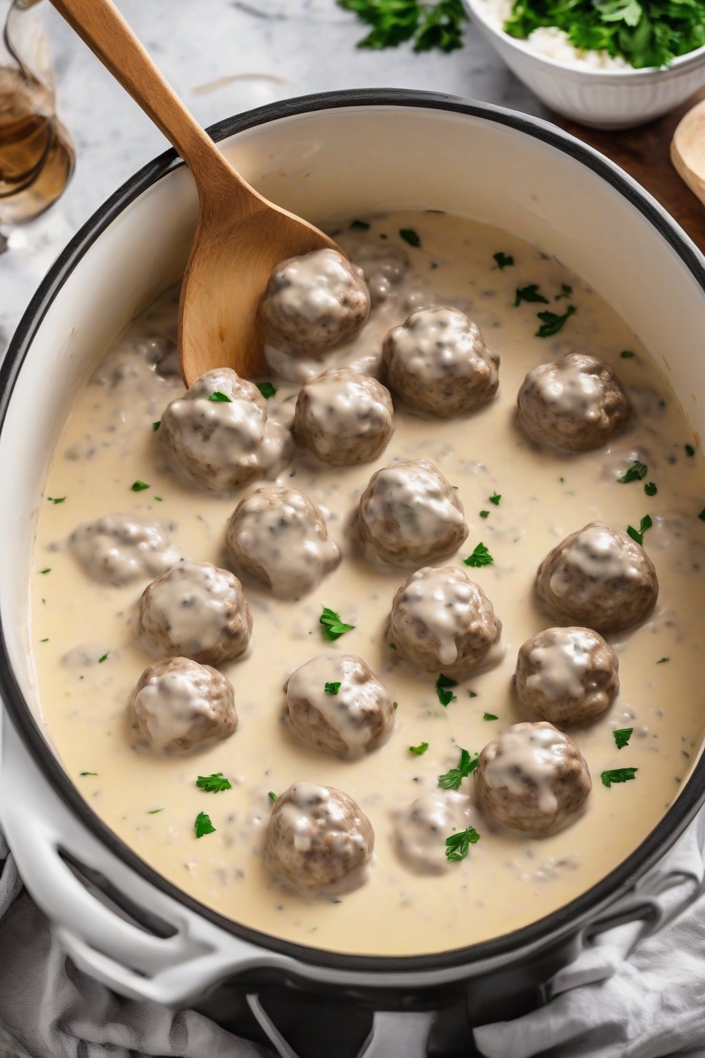 A high-resolution photo of Crockpot Swedish meatballs bubbling in thick cream sauce with wooden spoon, under soft lighting.