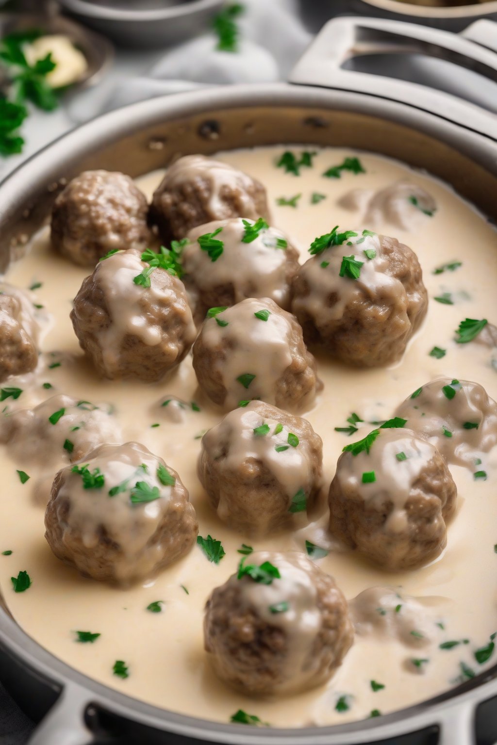 A high-resolution photo of air-fried Swedish meatballs with crisp edges in glossy cream sauce, steam rising, under soft lighting.