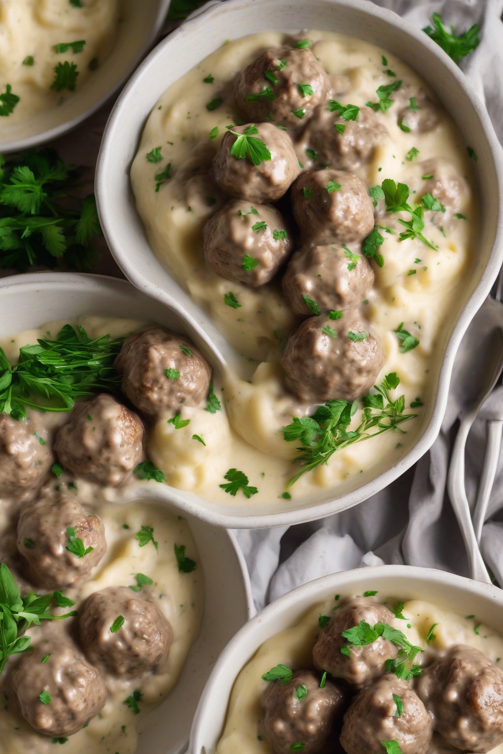 A high-resolution photo of gluten-free Swedish meatballs in creamy sauce atop mashed potatoes, fresh herbs scattered, under soft lighting.