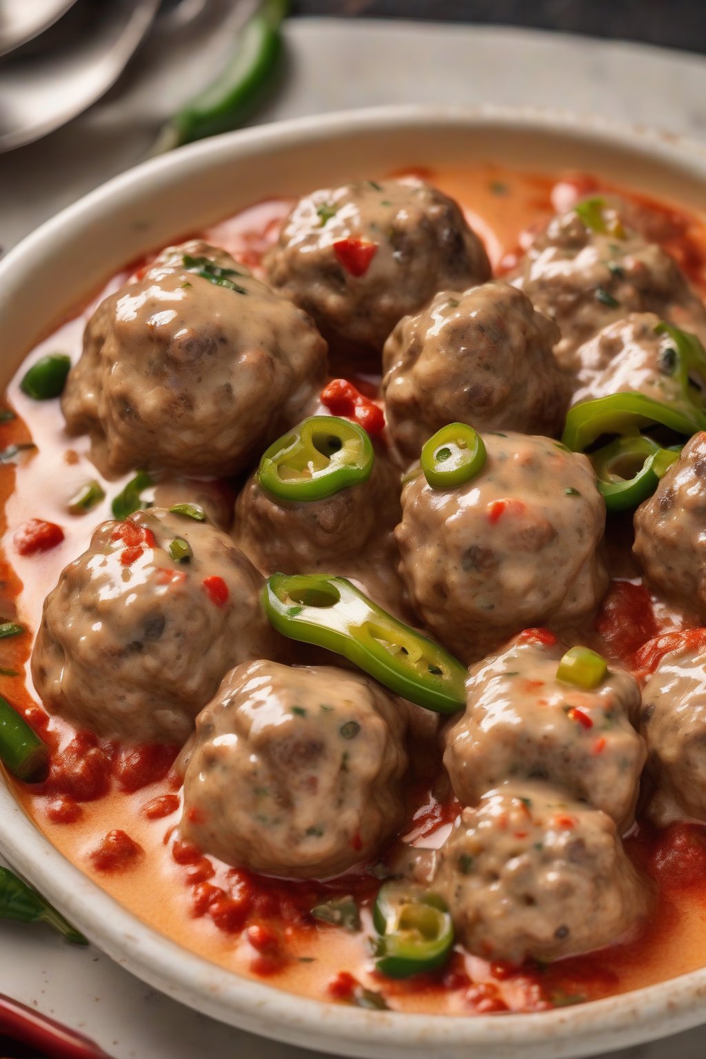 A high-resolution photo of spicy Swedish meatballs with jalapeño slices in fiery cream sauce, red flecks vibrant, under soft lighting.