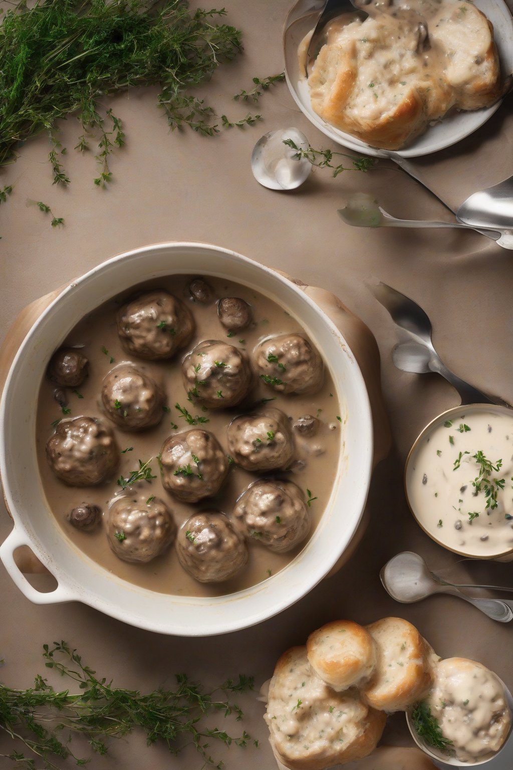 A high-resolution photo of mushroom-studded Swedish meatballs in rich cream gravy, thyme sprigs, under soft lighting.