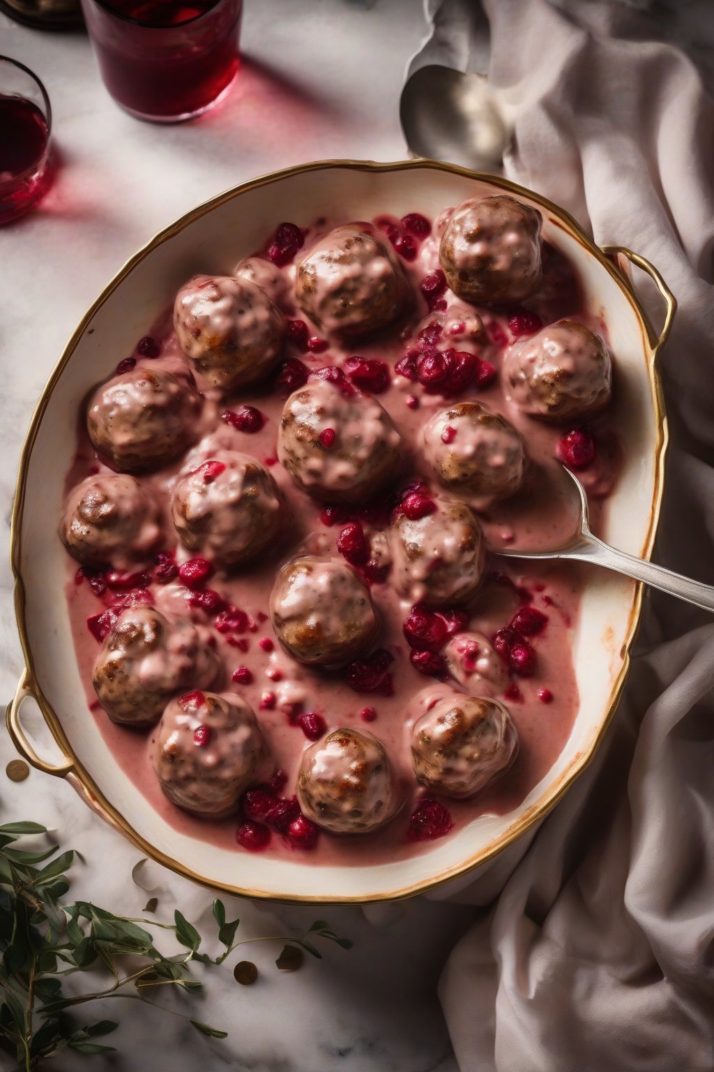 A high-resolution photo of Swedish meatballs glazed with lingonberry cream sauce, ruby red swirls, under soft lighting.