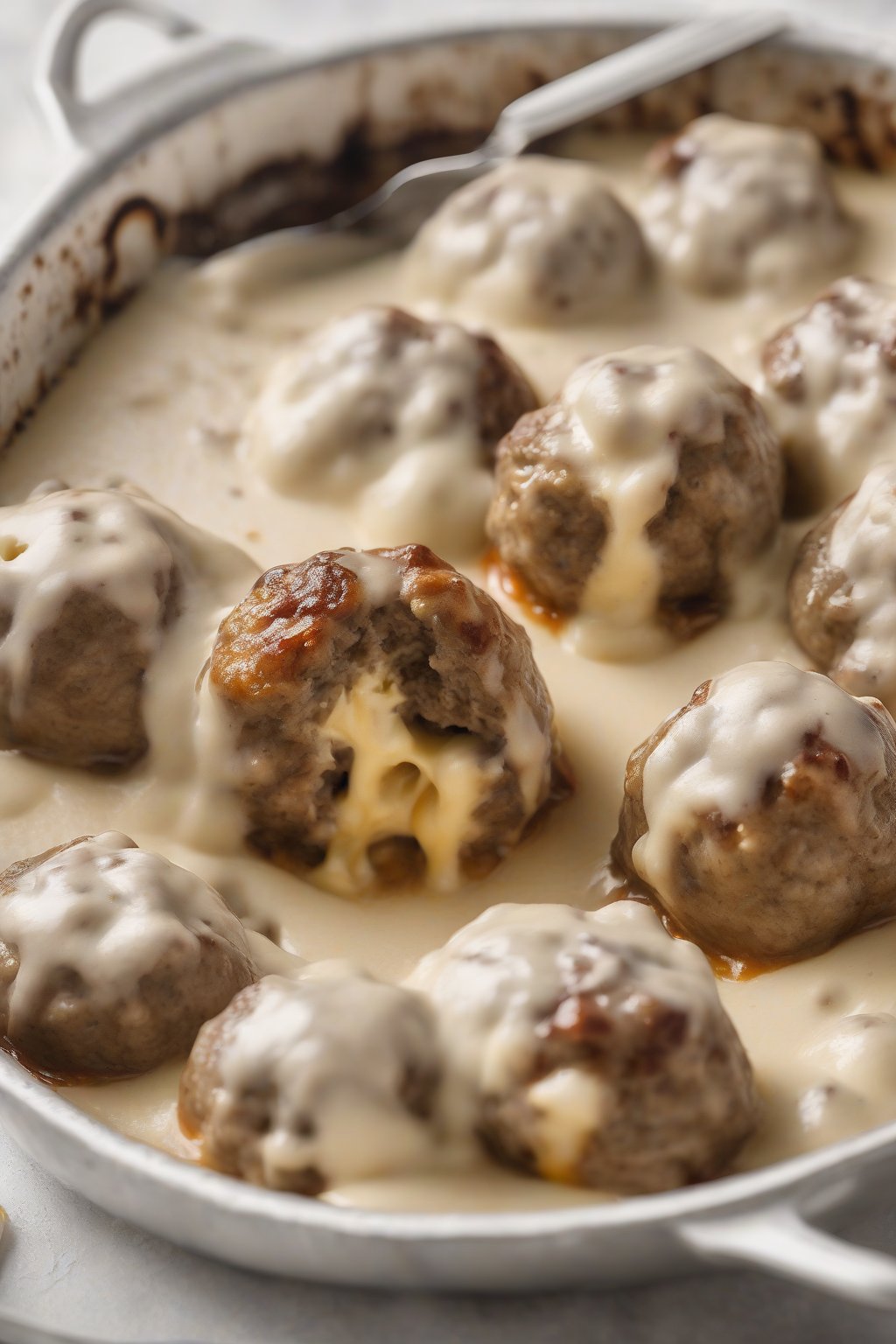 A high-resolution photo of cheese-stuffed Swedish meatballs with molten centers in cream pool, under soft lighting.