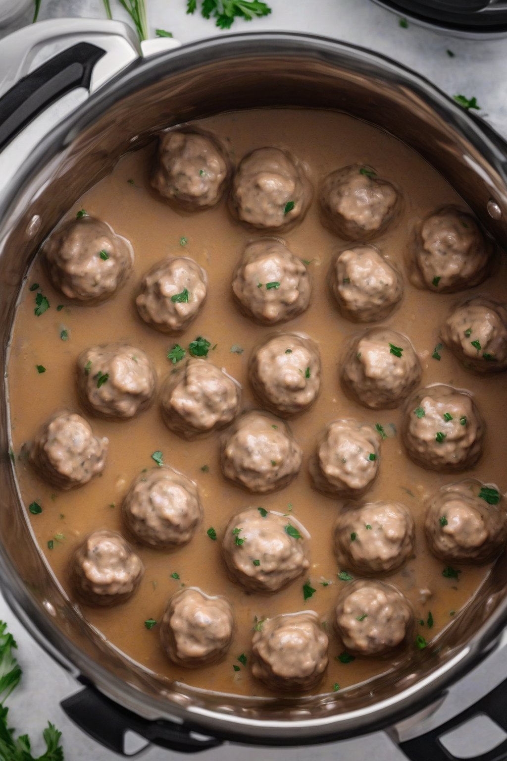 A high-resolution photo of Instant Pot Swedish meatballs fresh from cooker in silky sauce, lid aside, under soft lighting.
