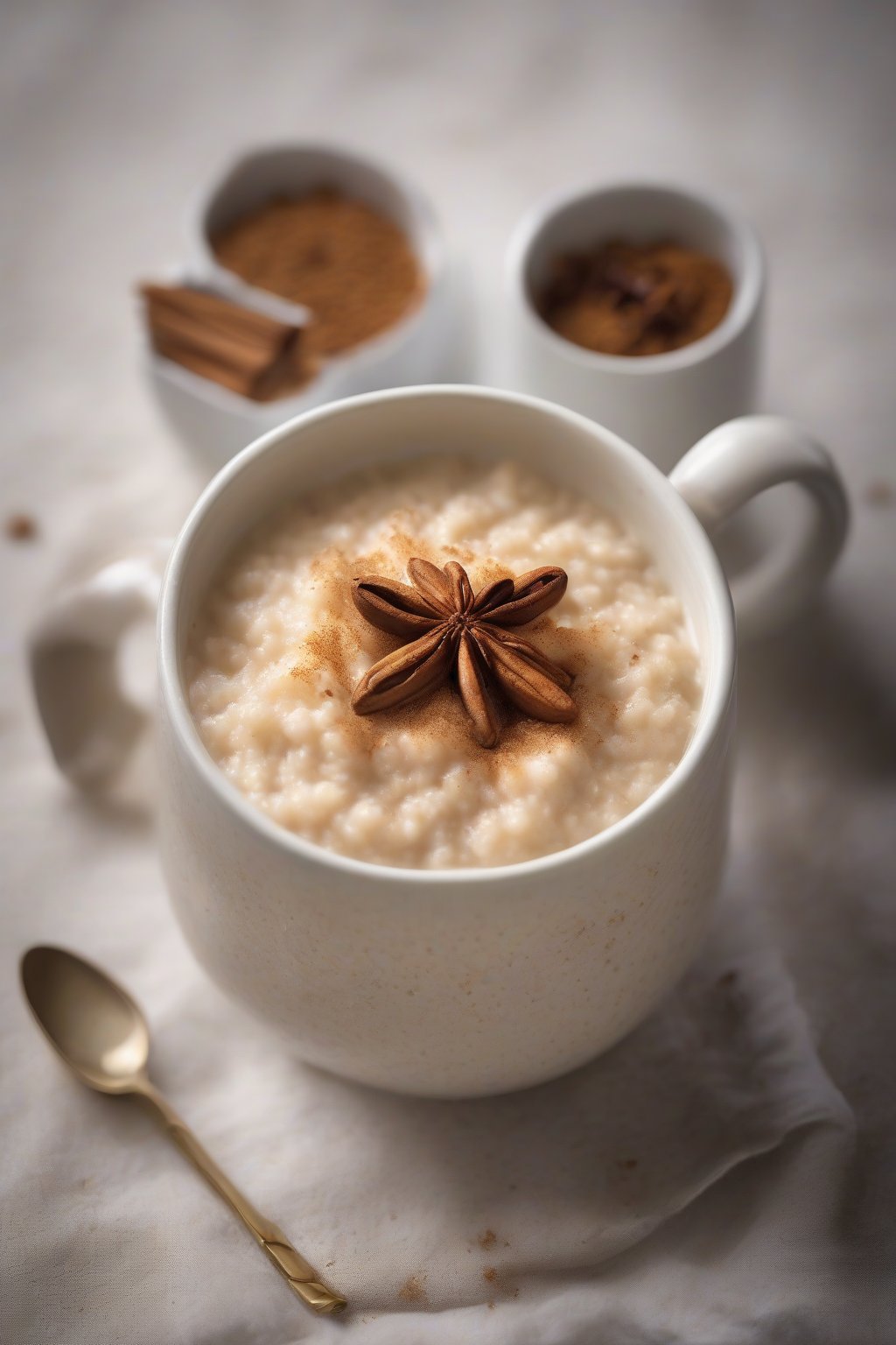 A high-resolution photo of chai rice pudding dusted with nutmeg, aromatic steam visible, in a mug-style bowl, under soft lighting.
