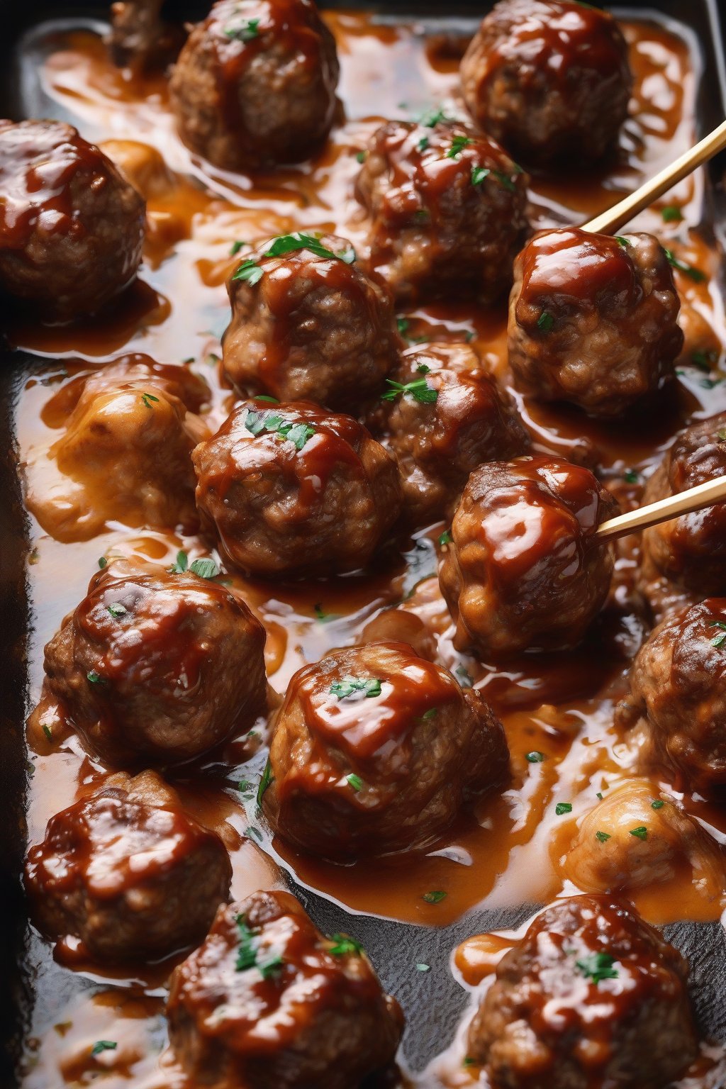 A high-resolution photo of BBQ-glazed Swedish meatballs in creamy BBQ sauce, charred edges, under soft lighting.