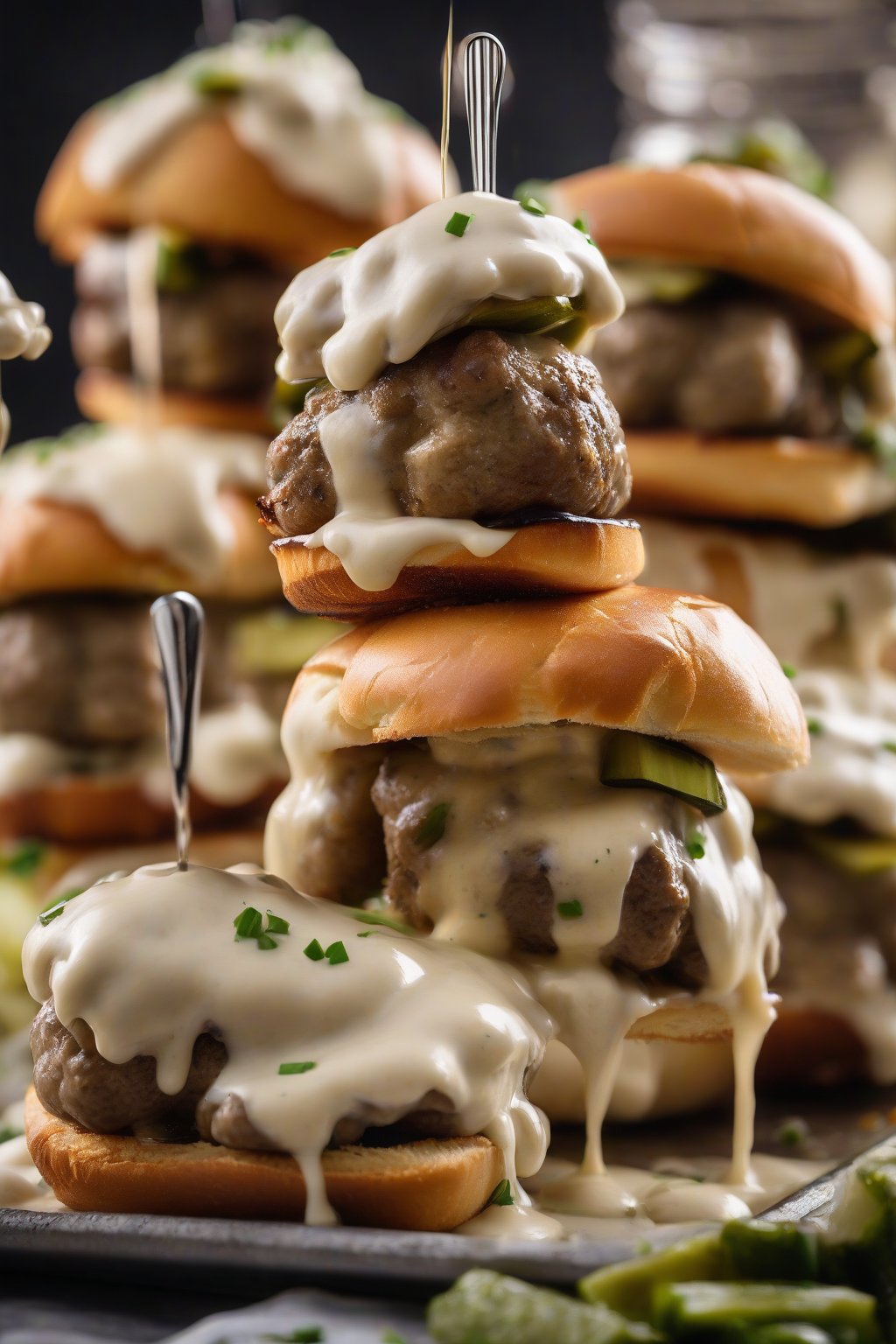 A high-resolution photo of mini Swedish meatball sliders stacked with cream sauce drip, pickles atop, under soft lighting.