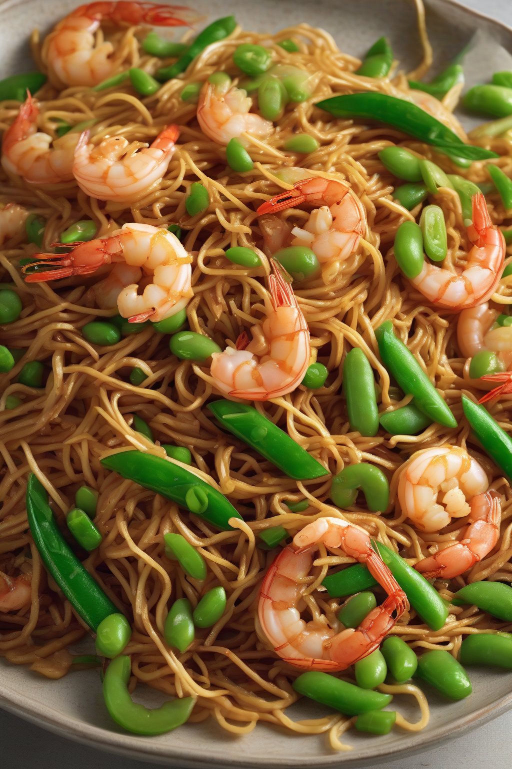 A high-resolution photo of crispy chow mein piled with glossy shrimp and crisp snap peas under soft lighting.