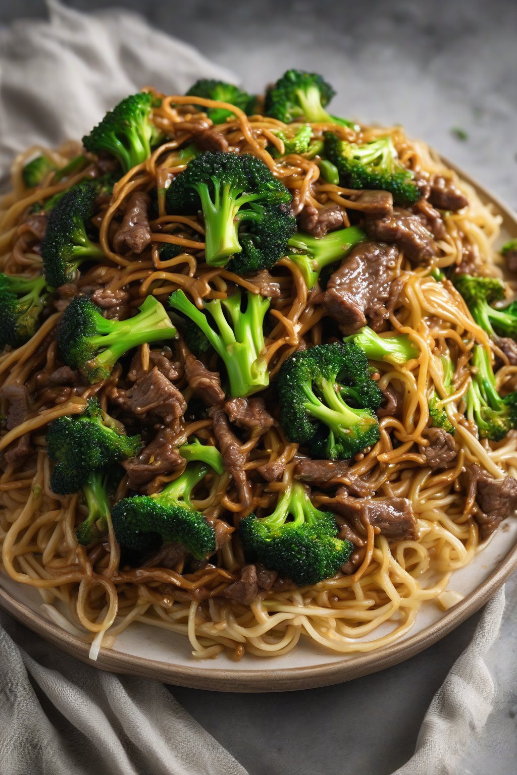 A high-resolution photo of crispy chow mein base smothered in beef broccoli stir-fry under soft lighting.