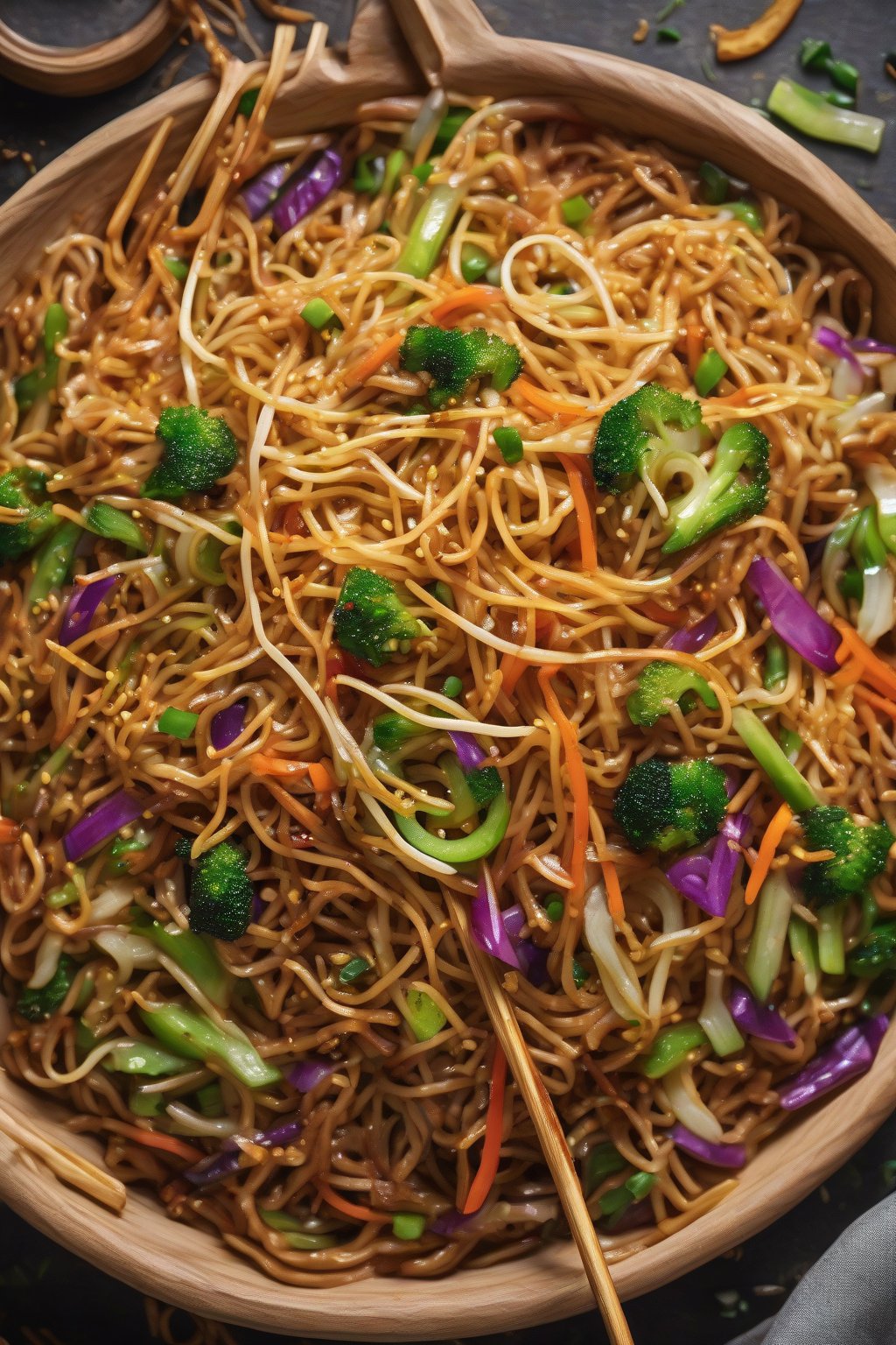 A high-resolution photo of vibrant veggie-loaded crispy chow mein under soft lighting.