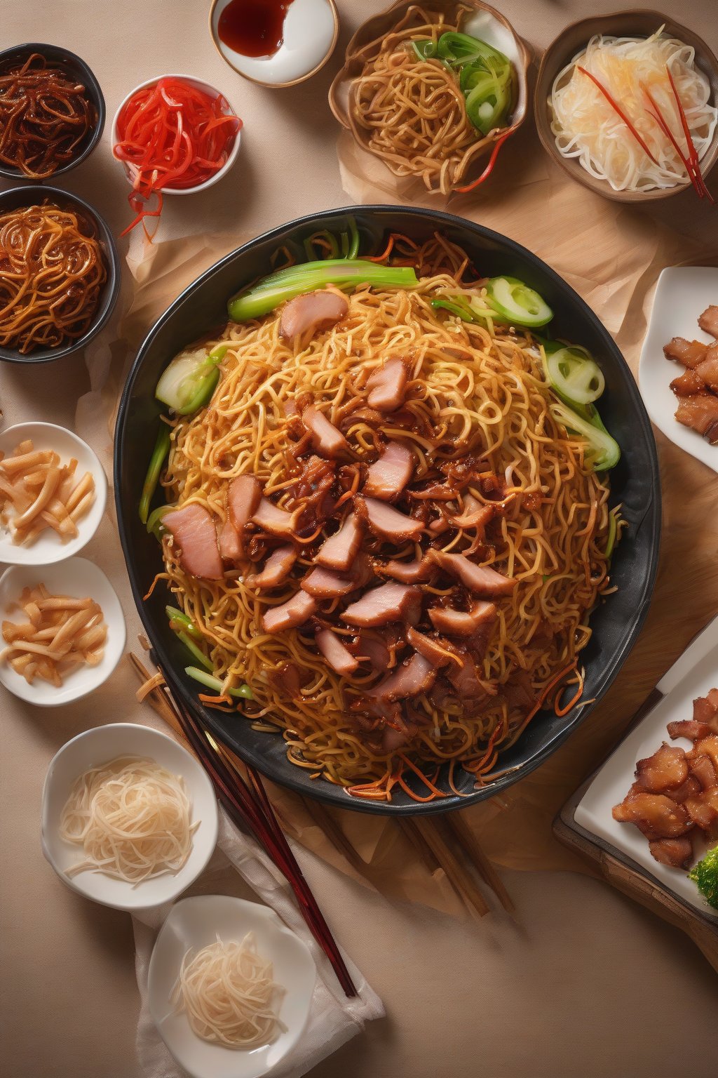A high-resolution photo of crispy chow mein with glossy BBQ pork slices under soft lighting.