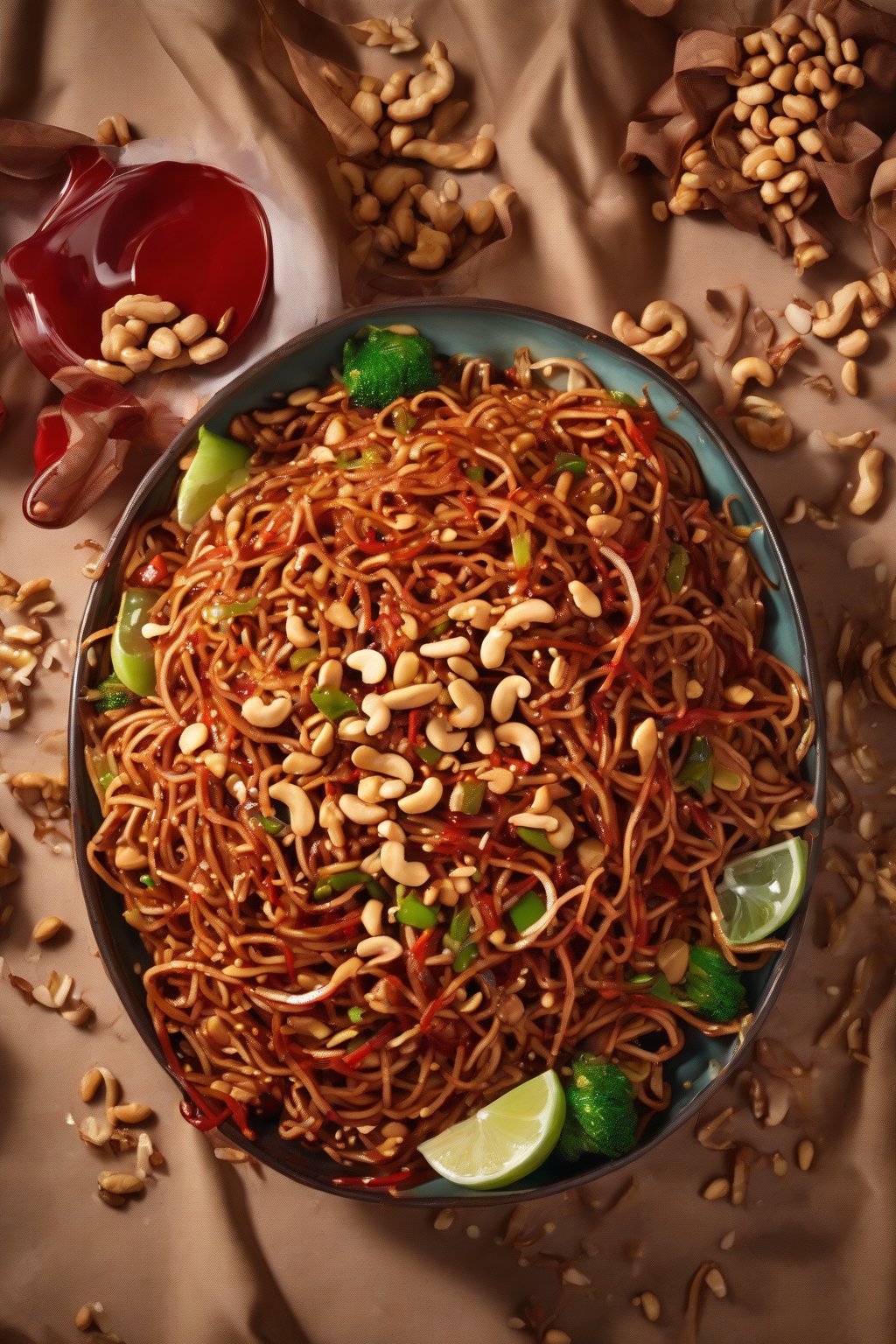 A high-resolution photo of fiery red Szechuan crispy chow mein with peanuts under soft lighting.