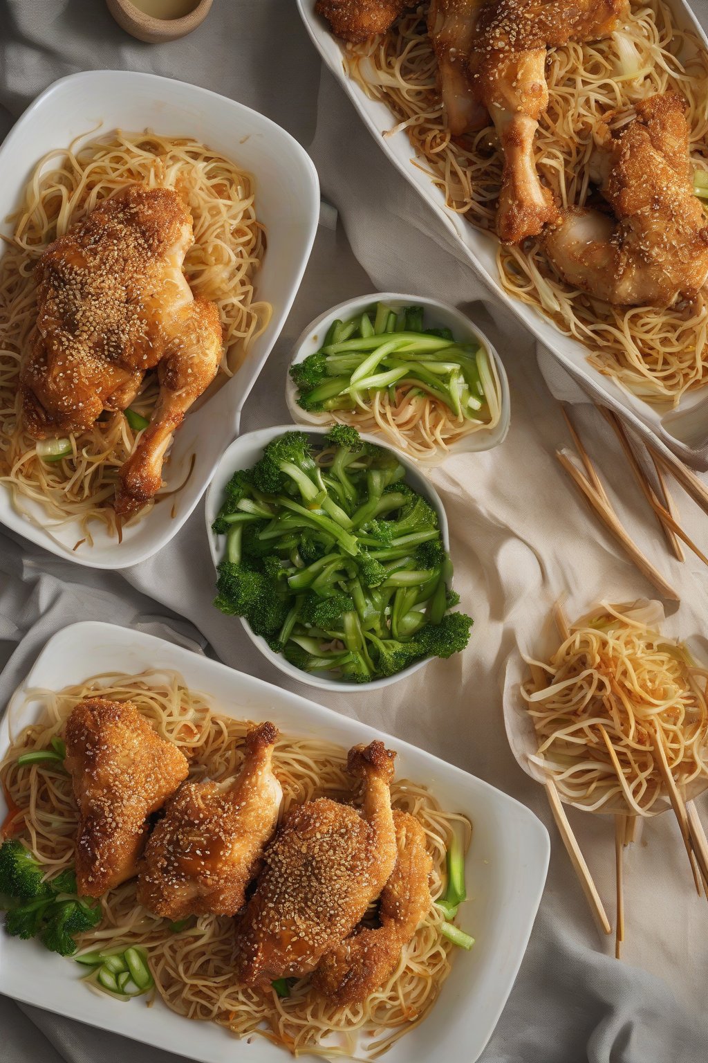 A high-resolution photo of sesame-crusted chicken over crispy chow mein under soft lighting.
