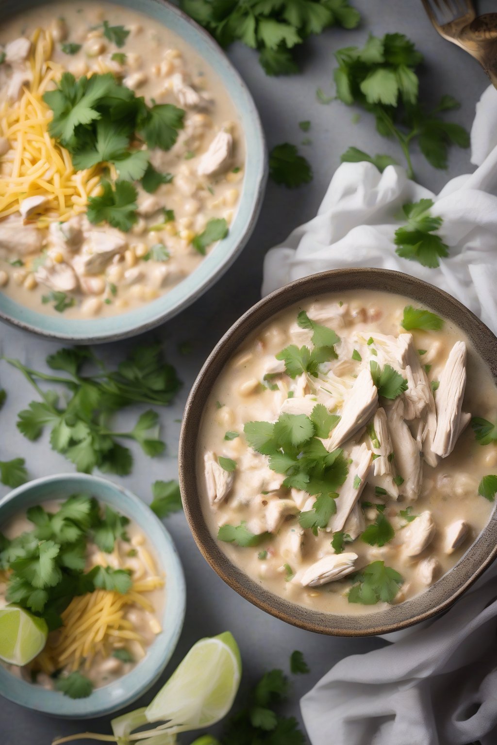 A high-resolution photo of a steaming bowl of classic creamy white chicken chili topped with cilantro, under soft lighting.