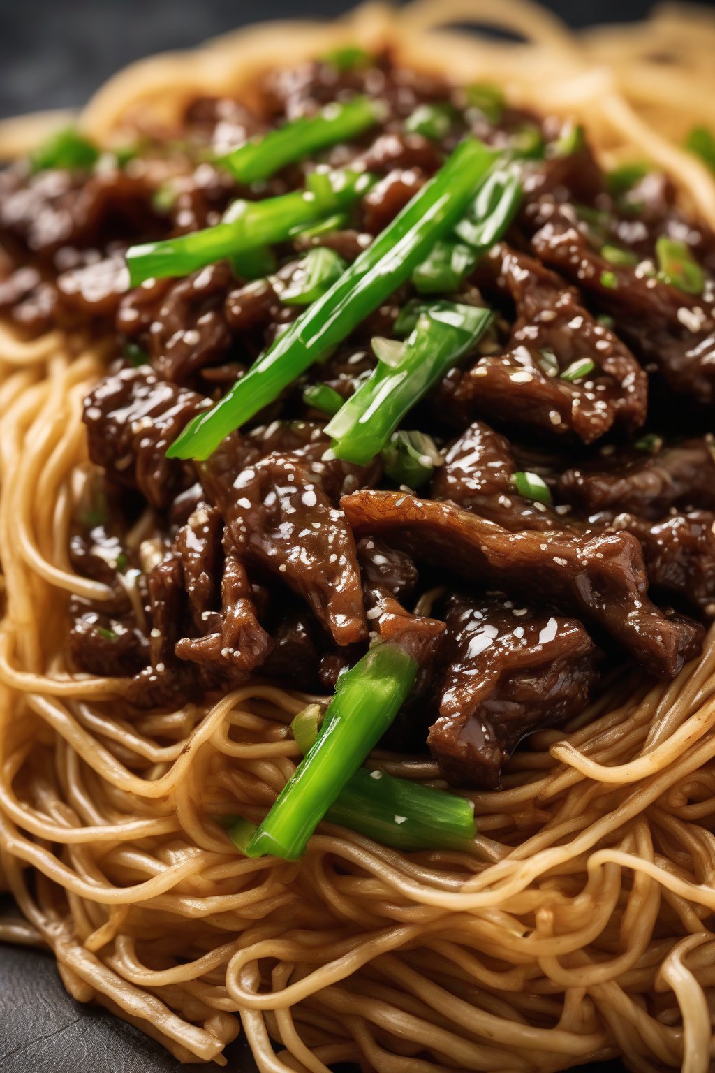 A high-resolution photo of Mongolian beef strands atop crispy chow mein noodles under soft lighting.
