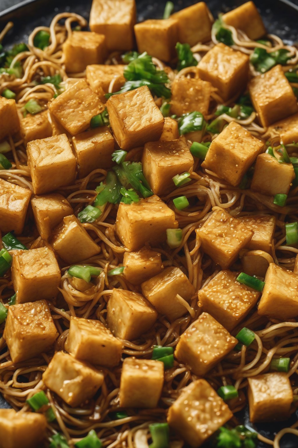 A high-resolution photo of golden tofu cubes on veggie crispy chow mein under soft lighting.