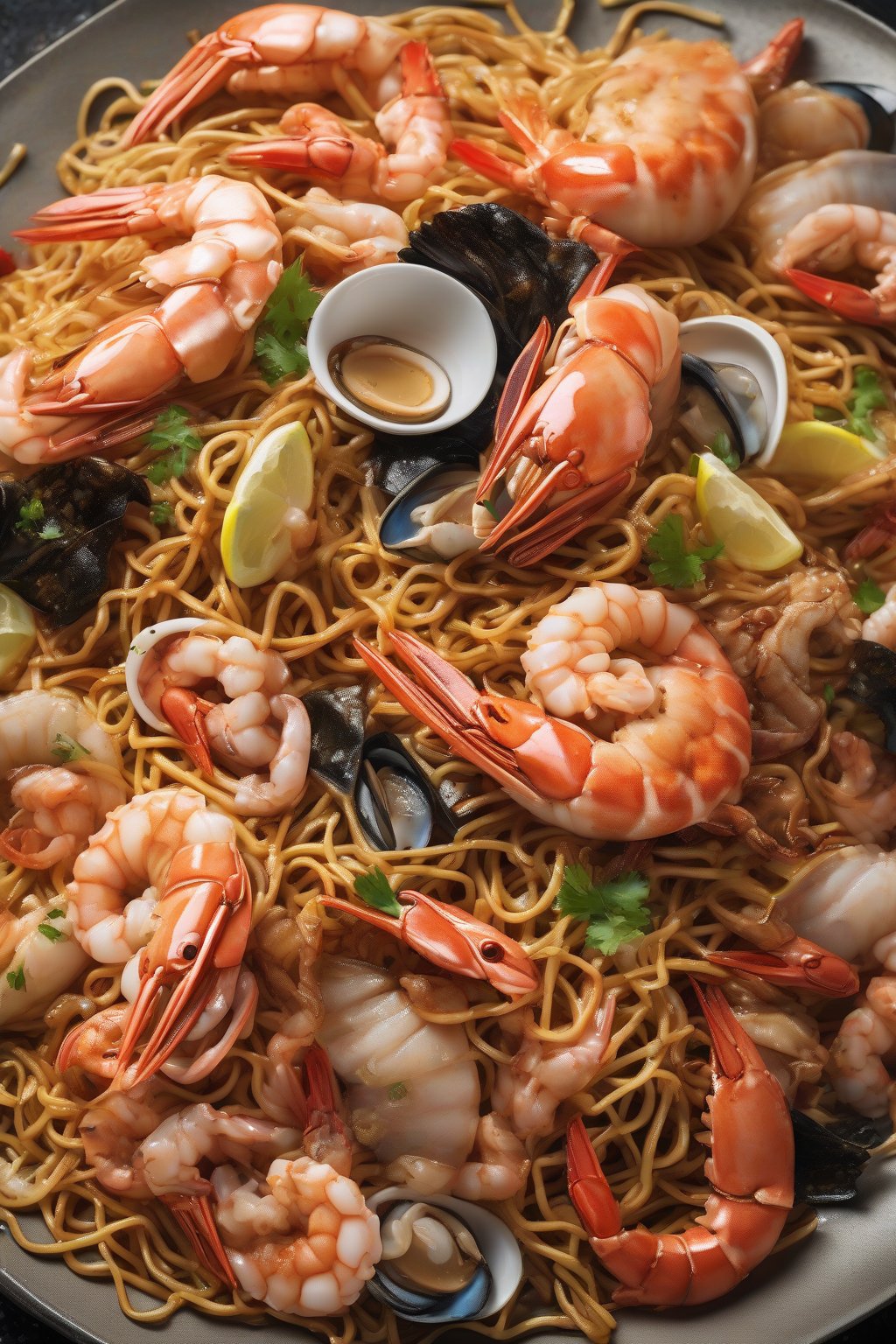 A high-resolution photo of assorted seafood glistening over crispy chow mein under soft lighting.