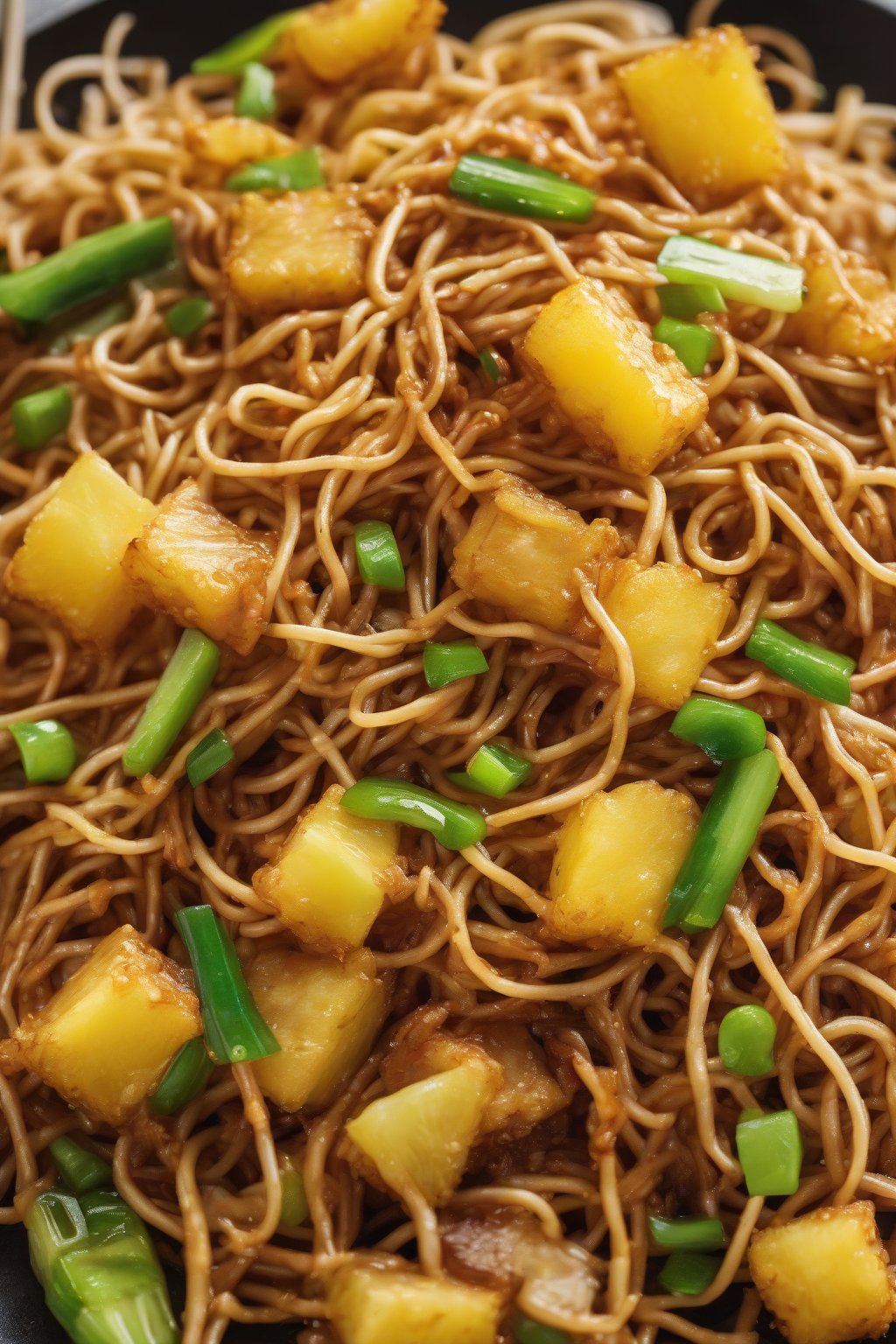 A high-resolution photo of pineapple-studded sweet and sour crispy chow mein under soft lighting.