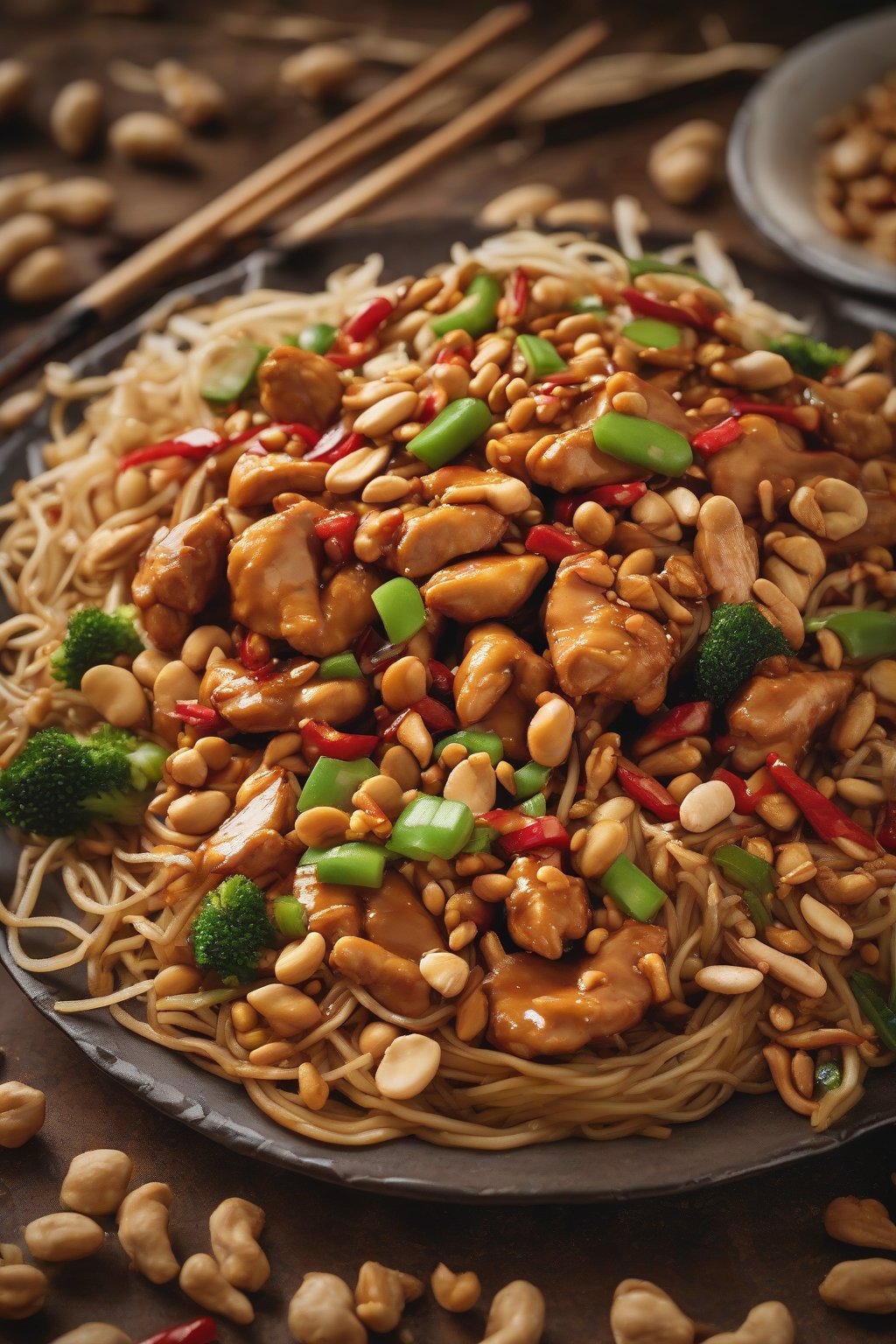 A high-resolution photo of Kung Pao chicken with peanuts on crispy chow mein under soft lighting.