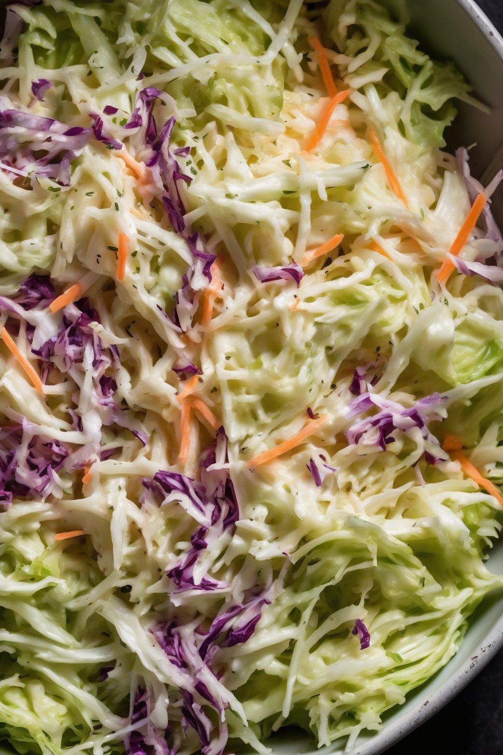 A high-resolution close-up photo of classic creamy coleslaw piled high in a bowl, vibrant green cabbage shreds glistening under soft lighting.