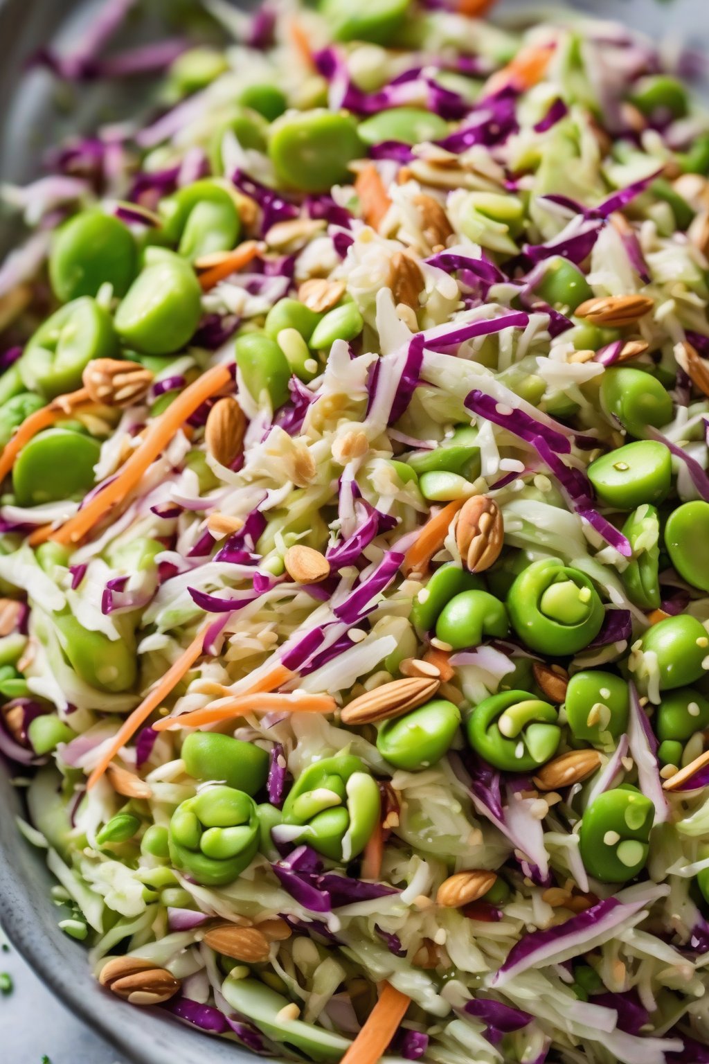 A high-resolution close-up photo of Asian sesame ginger coleslaw with edamame and almonds, fresh and colorful under soft lighting.