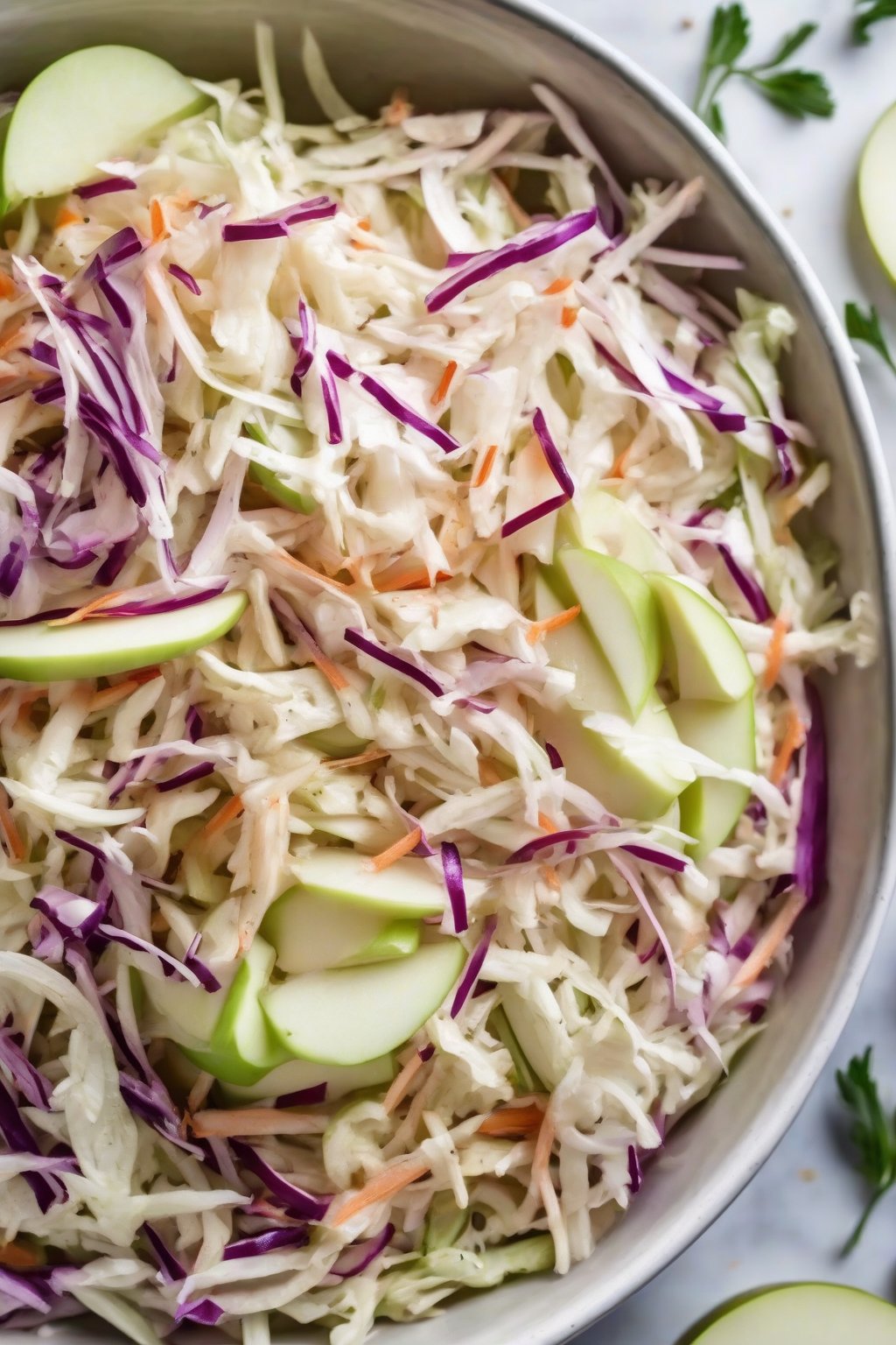 A high-resolution close-up photo of tangy apple cider vinegar coleslaw with apple slices, crisp and shiny under soft lighting.
