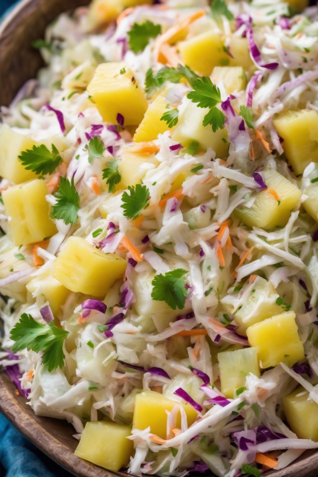 A high-resolution close-up photo of pineapple coconut coleslaw with juicy chunks, tropical and vibrant under soft lighting.