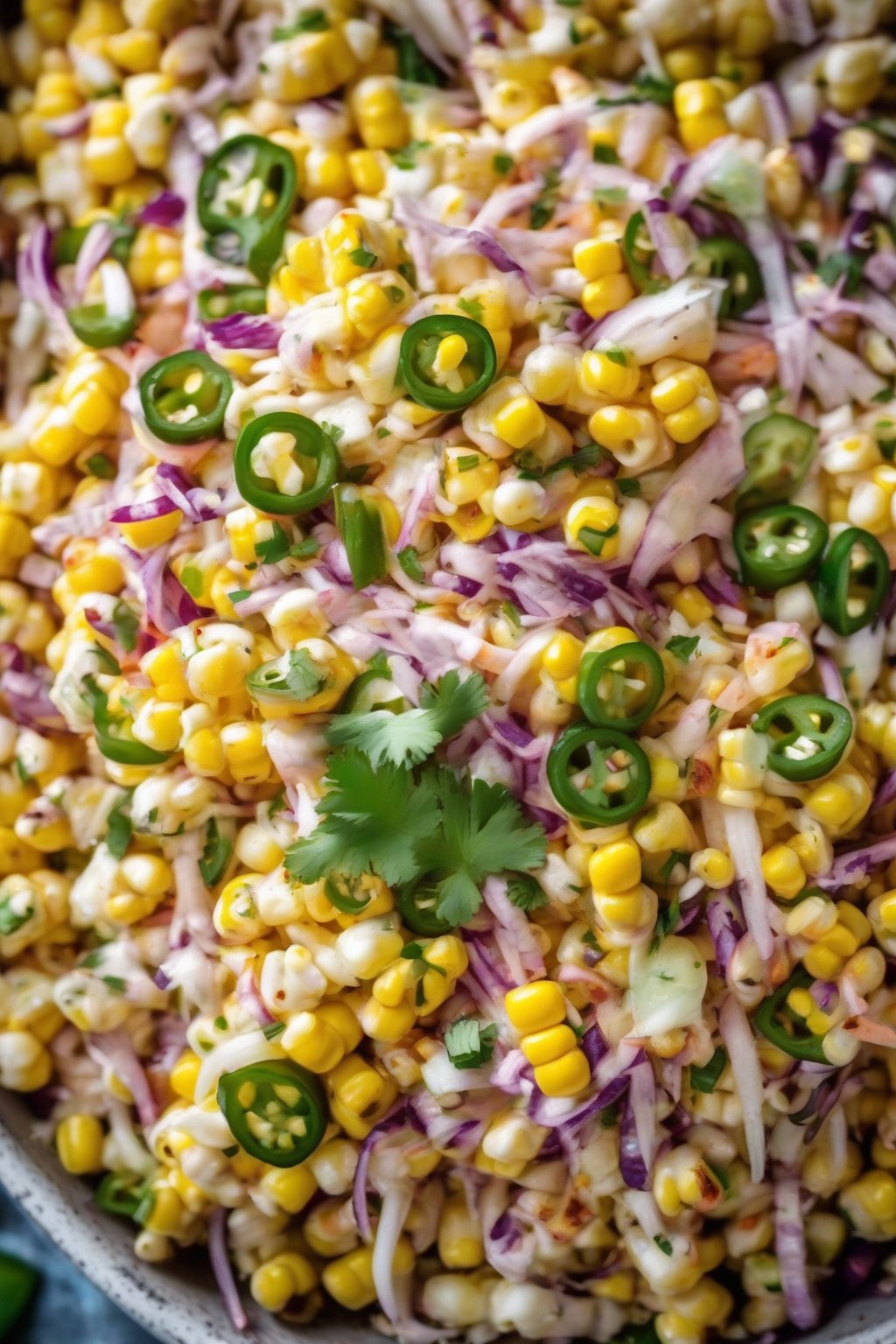 A high-resolution close-up photo of spicy Mexican street corn coleslaw with corn and jalapeños, smoky and colorful under soft lighting.