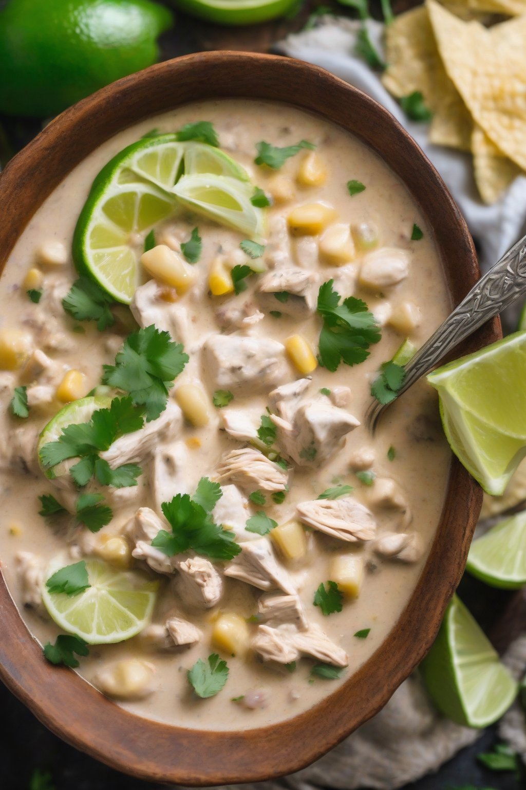 A high-resolution photo of slow cooker creamy white chicken chili in a rustic bowl with lime wedges, under soft lighting.