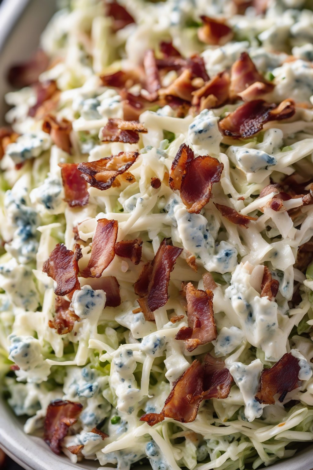 A high-resolution close-up photo of bacon blue cheese coleslaw with crispy bacon bits, savory and textured under soft lighting.