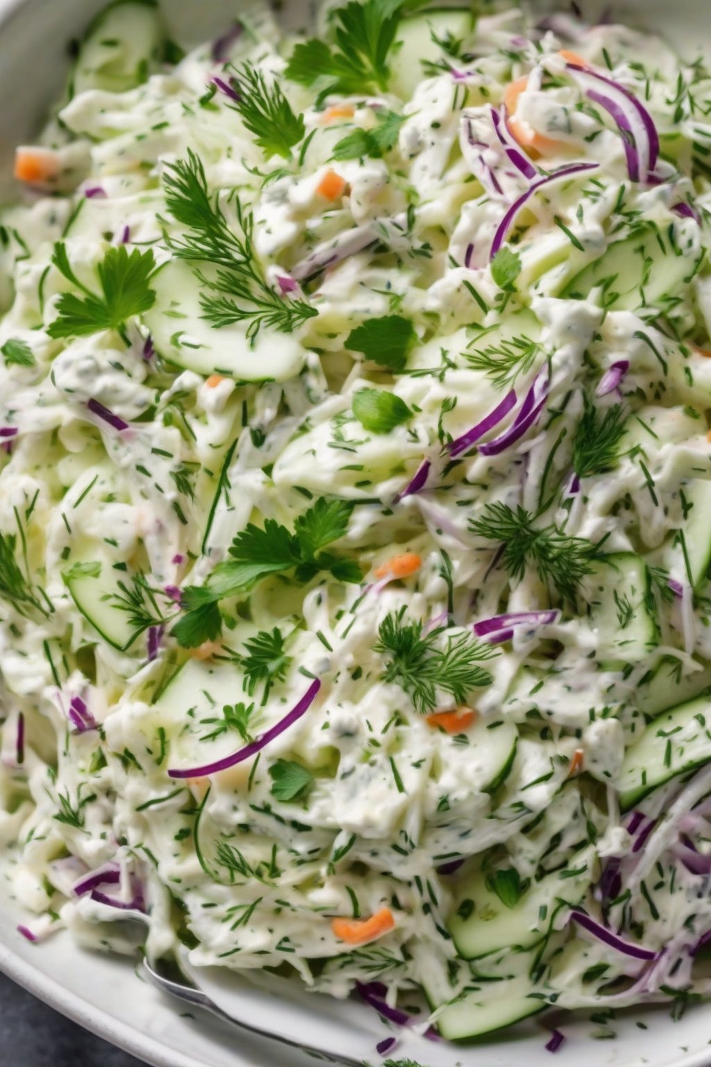 A high-resolution close-up photo of Greek yogurt herb coleslaw with cucumber and dill, fresh and herby under soft lighting.