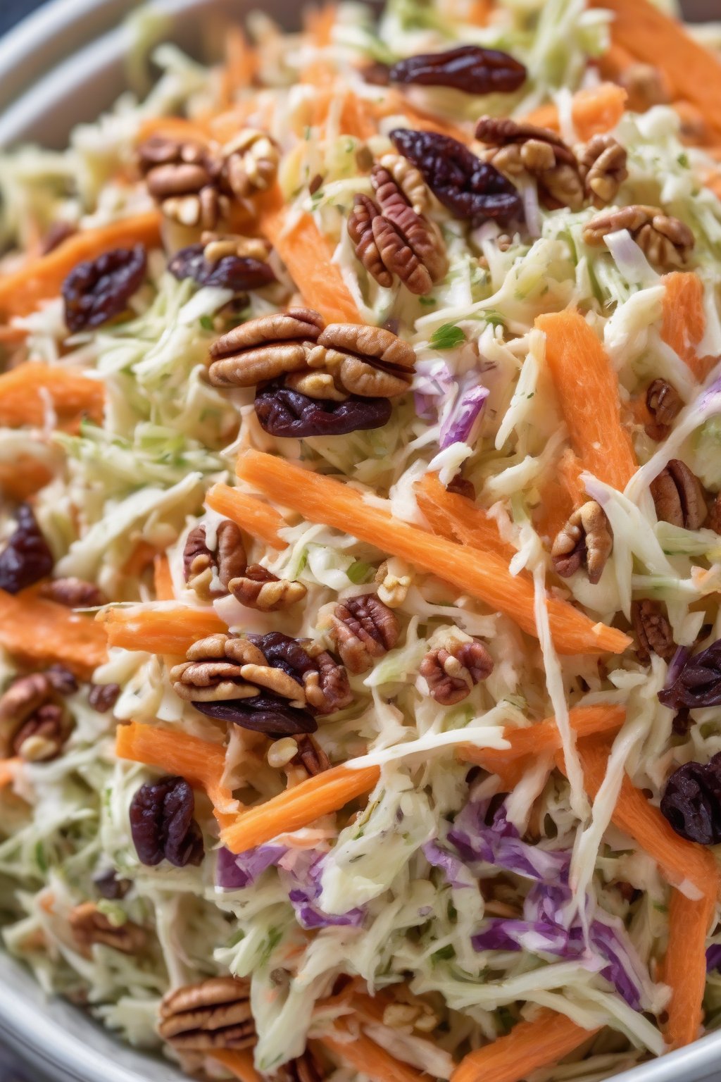 A high-resolution close-up photo of carrot raisin nutty coleslaw with pecans, golden and crunchy under soft lighting.