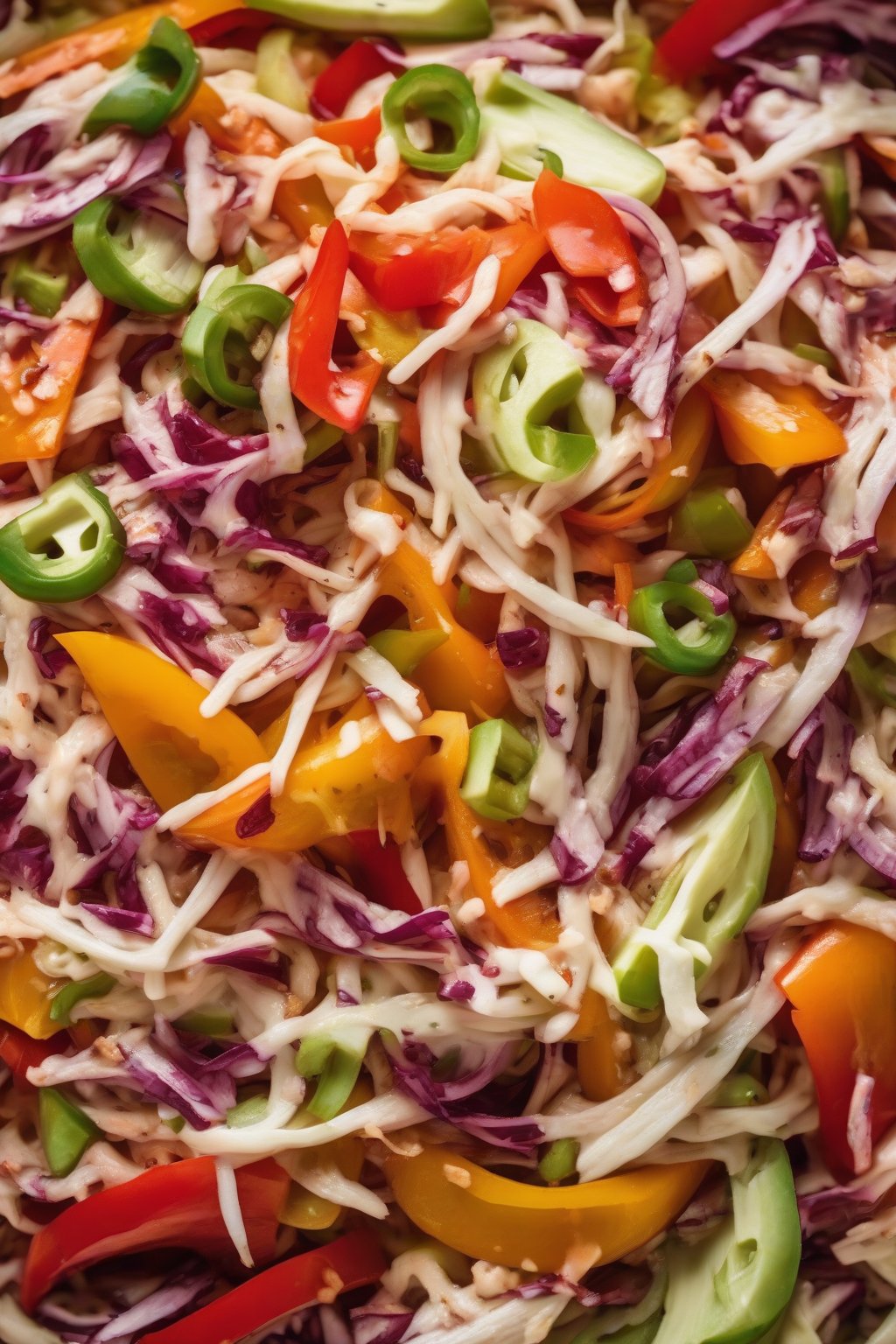 A high-resolution close-up photo of BBQ coleslaw with bell peppers, saucy and vibrant under soft lighting.