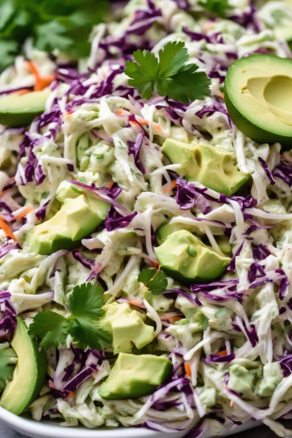 A high-resolution close-up photo of cilantro lime avocado coleslaw, creamy green and zesty under soft lighting.