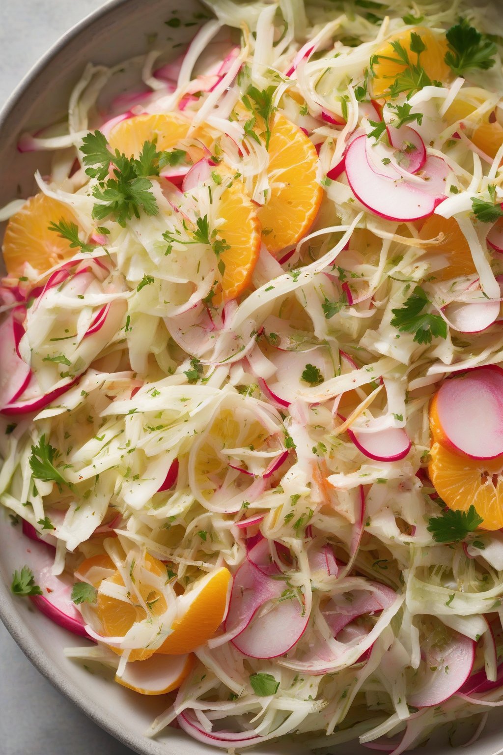 A high-resolution close-up photo of fennel orange citrus coleslaw with radish slices, bright and segmented under soft lighting.