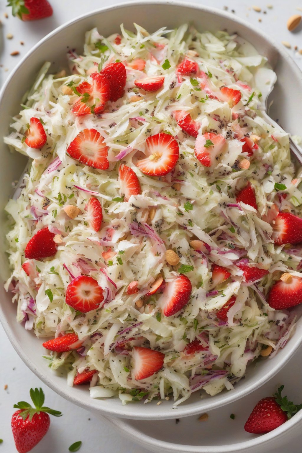 A high-resolution close-up photo of almond poppy seed coleslaw with strawberries, seeded and fruity under soft lighting.