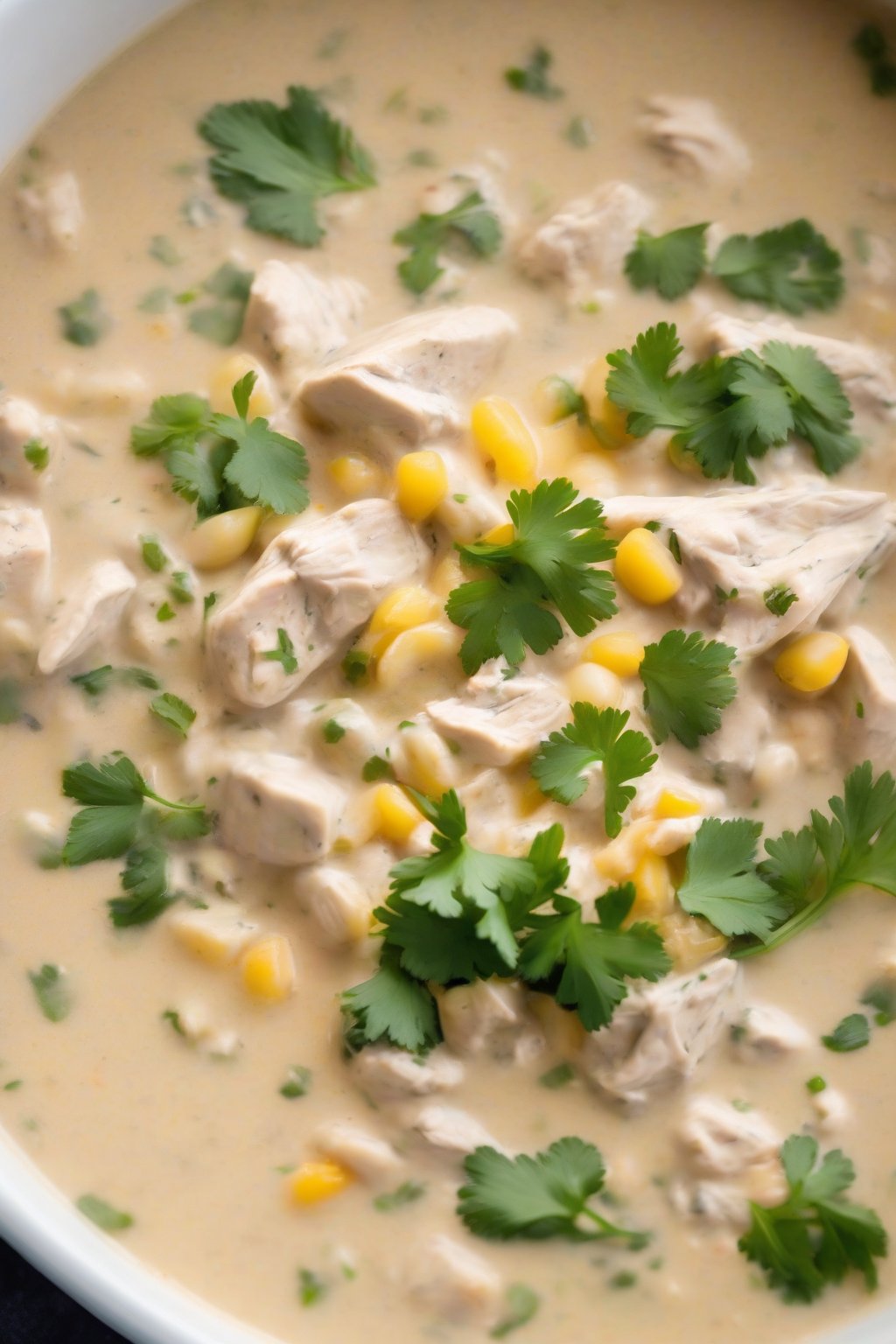 A close-up photo of a steaming bowl of classic creamy white chicken chili topped with fresh cilantro under soft lighting.