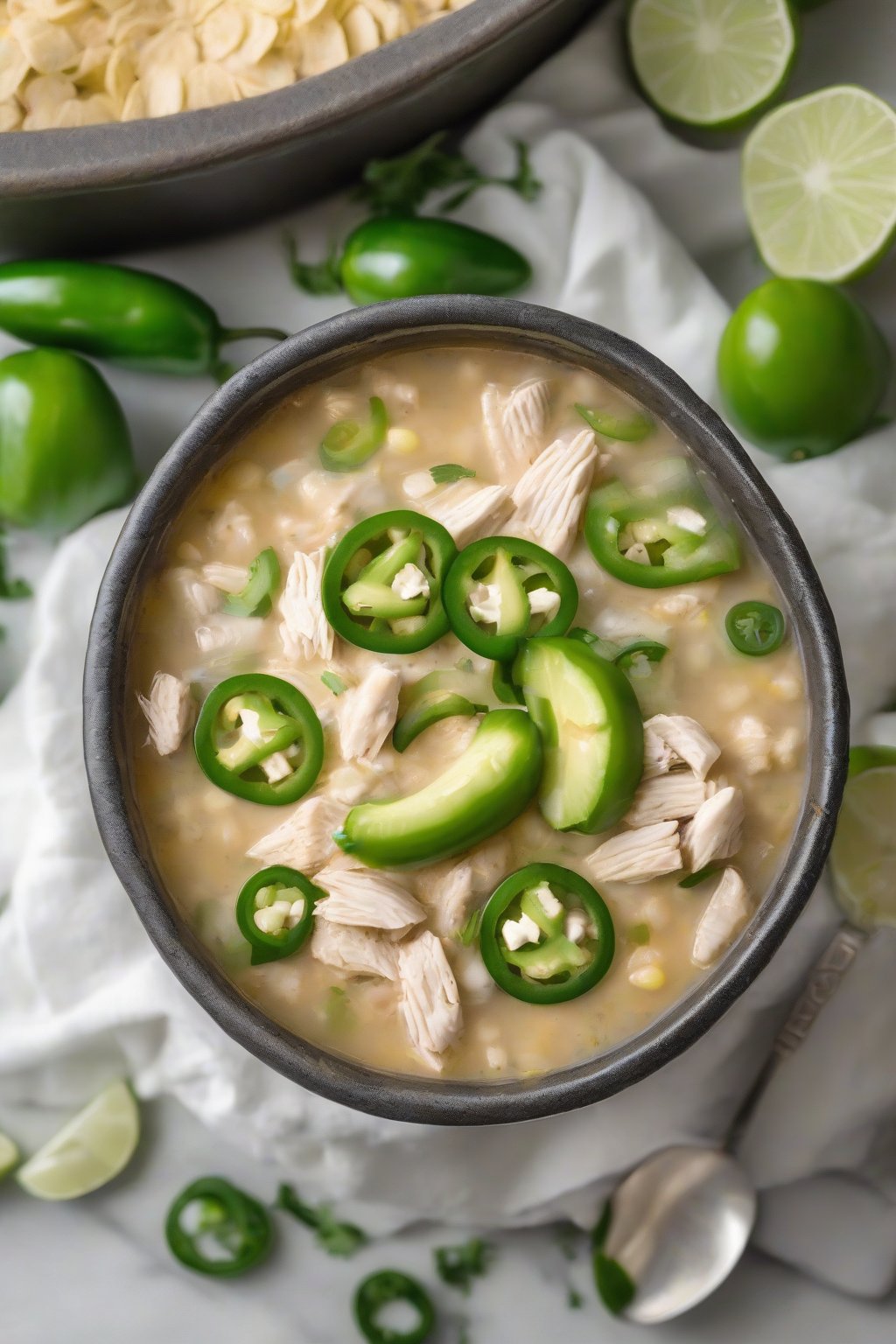 A close-up photo of spicy jalapeño white chicken chili garnished with jalapeño slices and lime under soft lighting.